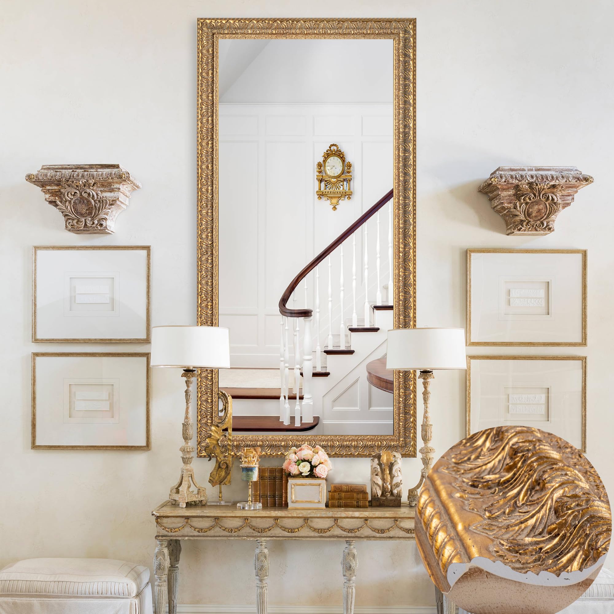 Photo 1 of Chende 61"x31" Large Living Room Mirror for Decor, Gold Wall Mirror with Carved Wood Leaf Frame, Horizontal/Vertical Hanging, Unique Design, Bathroom, Bedroom, Dining Room, Entrance