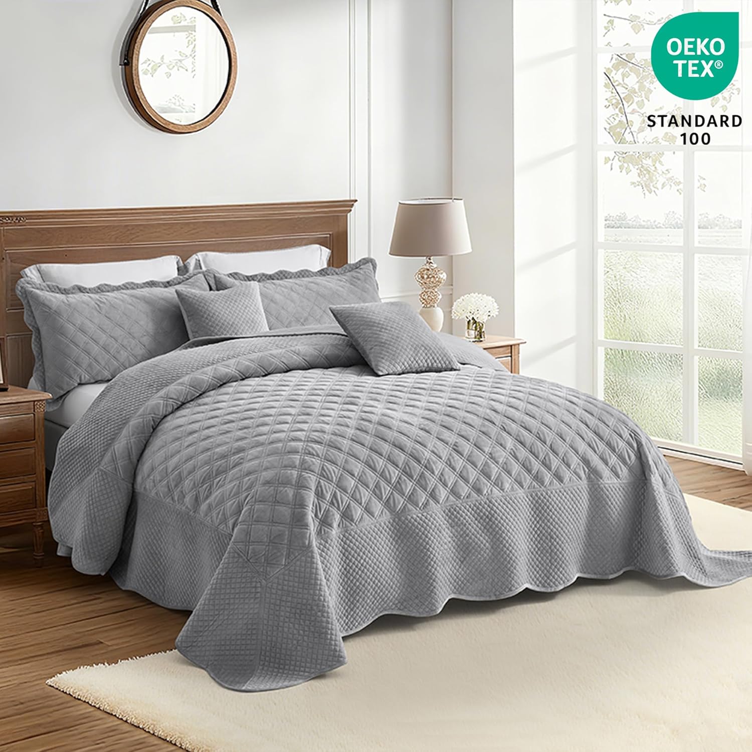 Oversized Velvet Quilt King 128x120 Extra Wide – Reversible Velvet Bedspread & Coverlet Set, 5 Piece Lightweight All Season Comforter Bedding, Geometric Diamond Quilted Design, Grey