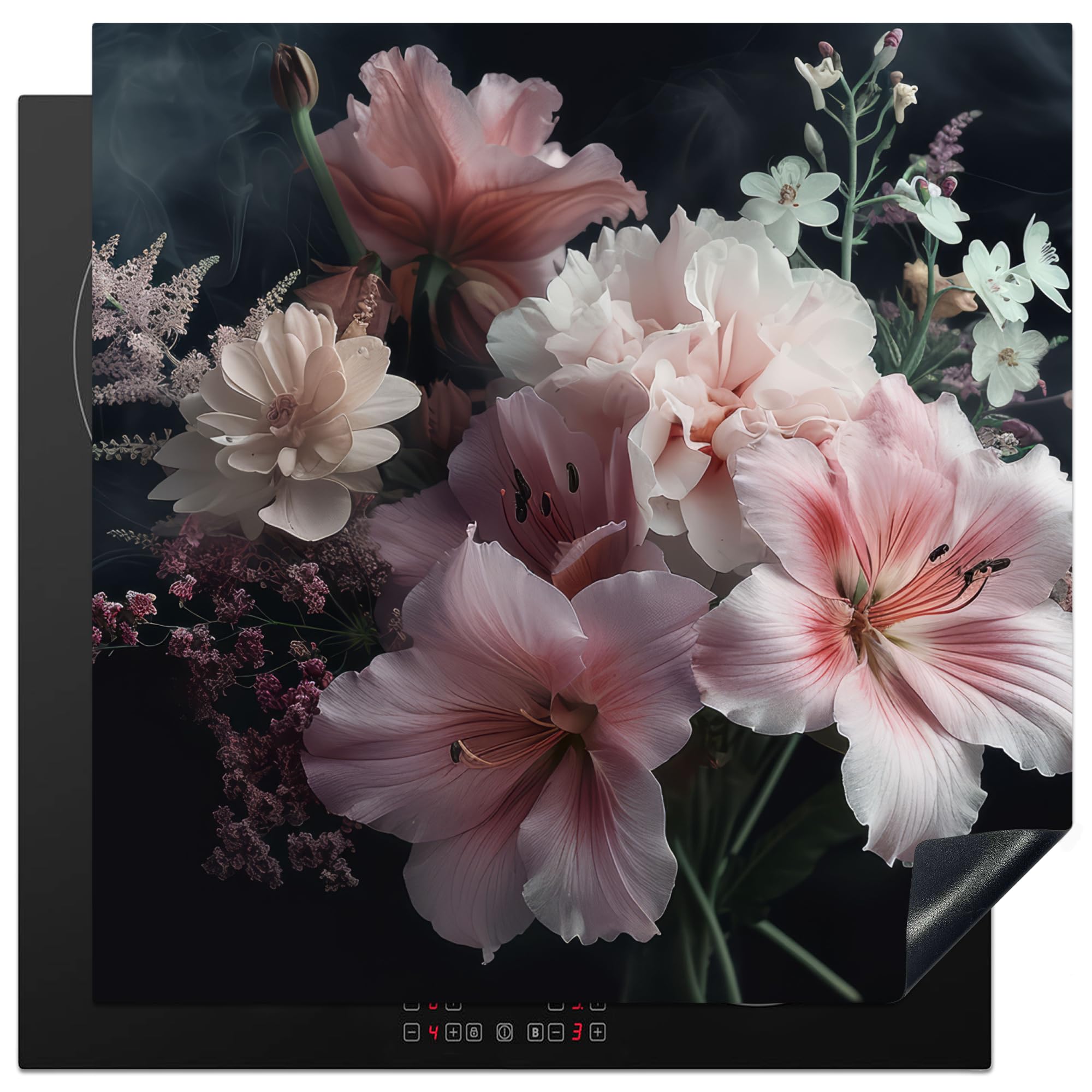 KitchenYeah© Induction Hob Protector Mat 30.7"x30.7" / 78x78 cm Cooker Top Protectors Cover Ceramic Covers Electric Hobs Vinyl Flowers - Pink - Vapour - Plants — image 1