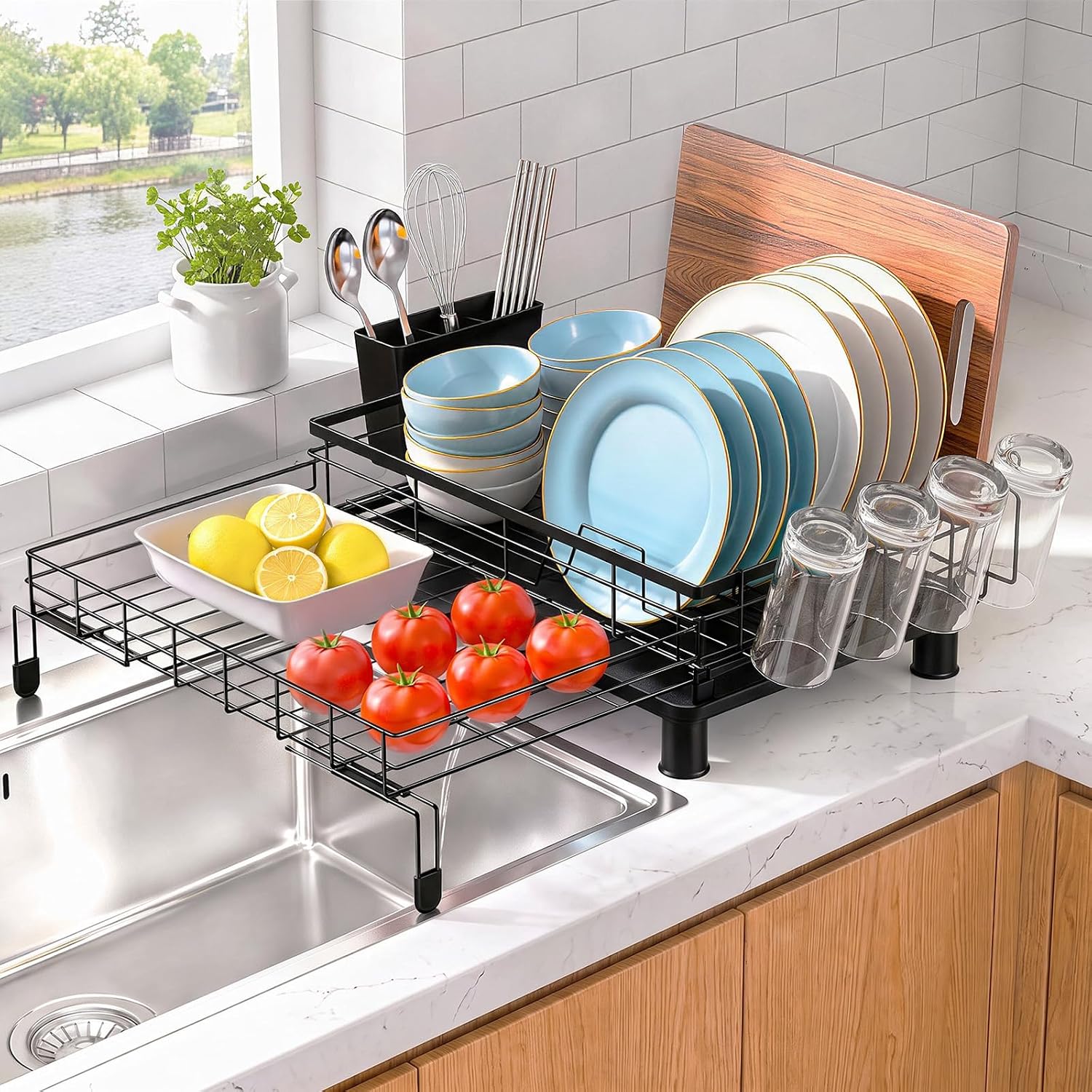 Dish Drying Rack for Kitchen Counter, Expandable Over Rustproof Over Sink Dish Drainer with Adjustable Legs & Angled Draining Tray, Space Saving Countertop Organizer, Black