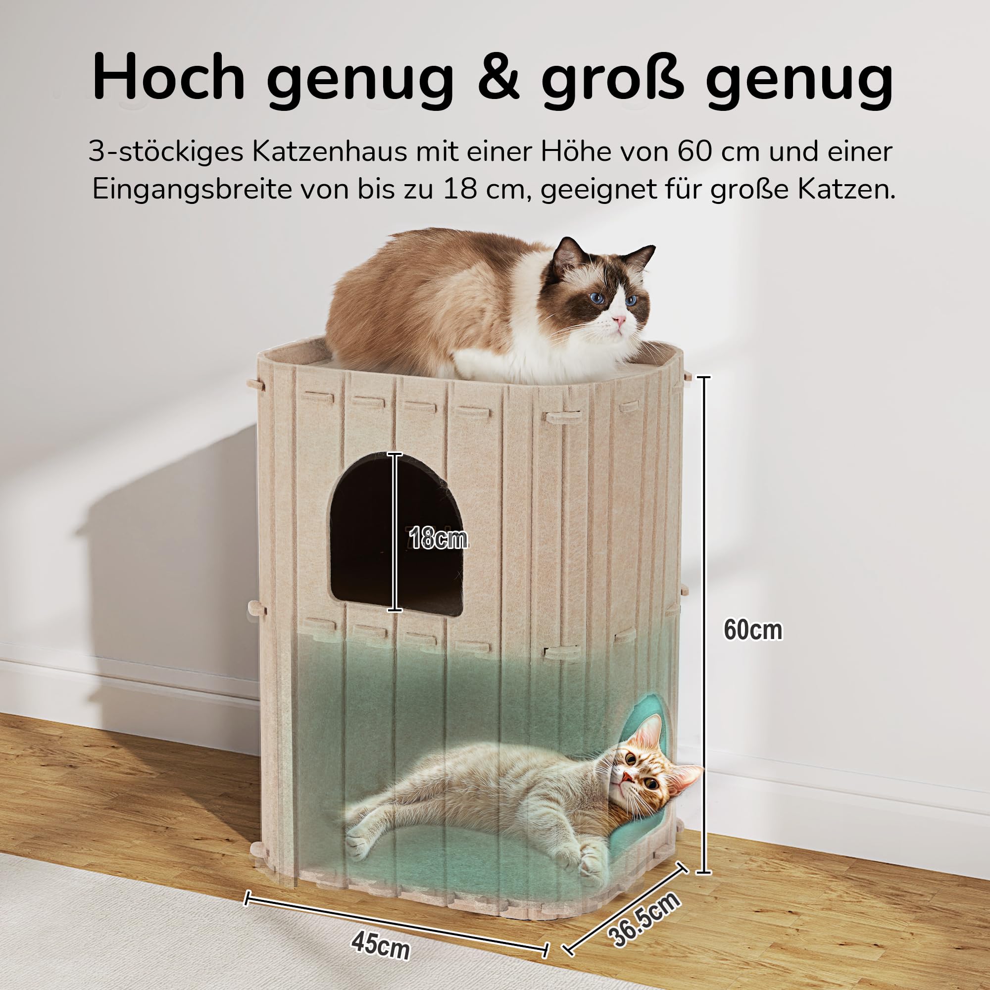 FUKUMARU Katzenhöhle,Stabile Katzenhöhle aus hochwertigem Filz，Katzenhaus Indoor 3 Schicht Katzenbett ，Katzen Höhle zum Schlafen, Spielen und Verstecken，Filzhöhle beige，45 x 37 x 60cm，Groß