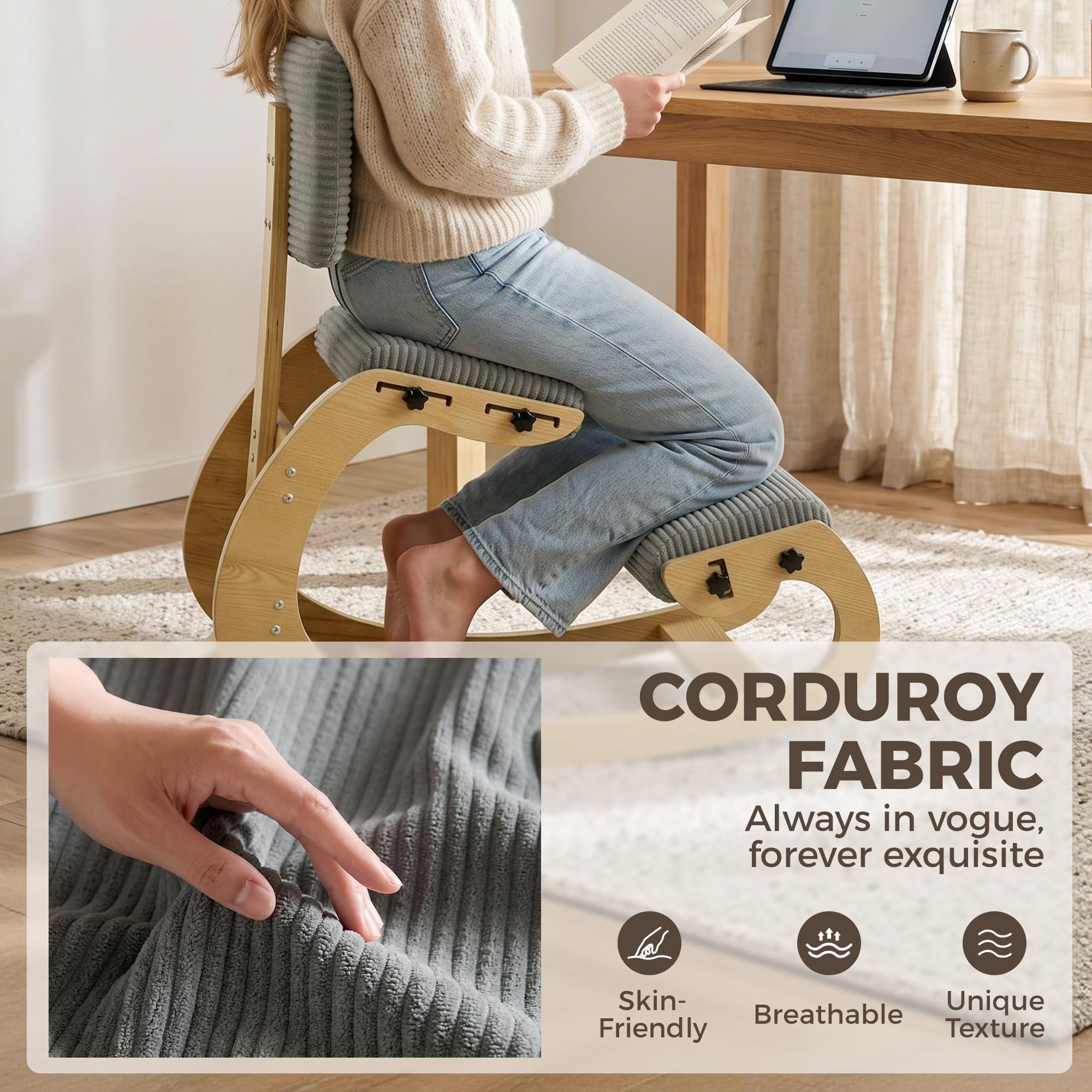 HOMCOM Silla Ergonómica de Rodillas con Respaldo Tapizado en Pana Gris | Silla de Rodillas, Amplio Apoyo, Estructura de Madera, Mejora la Postura