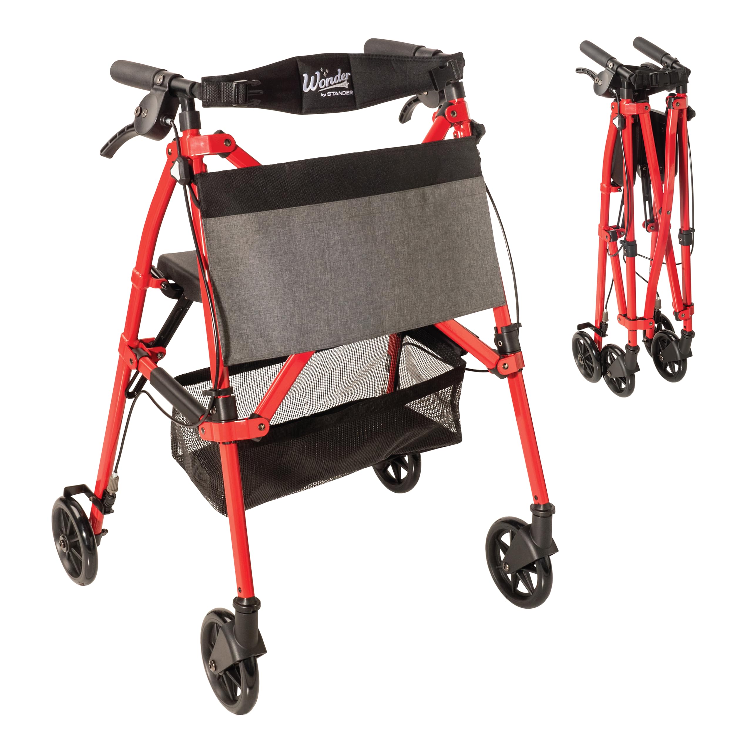 Stander Wonder Rollator Plus, Lightweight Folding Mobility Rolling-Walker, EZ Fold-N-Go-Rollator for Seniors and Adults, 6-inch Wheels, Locking Brakes and Padded Seat with Backrest, Sport Red