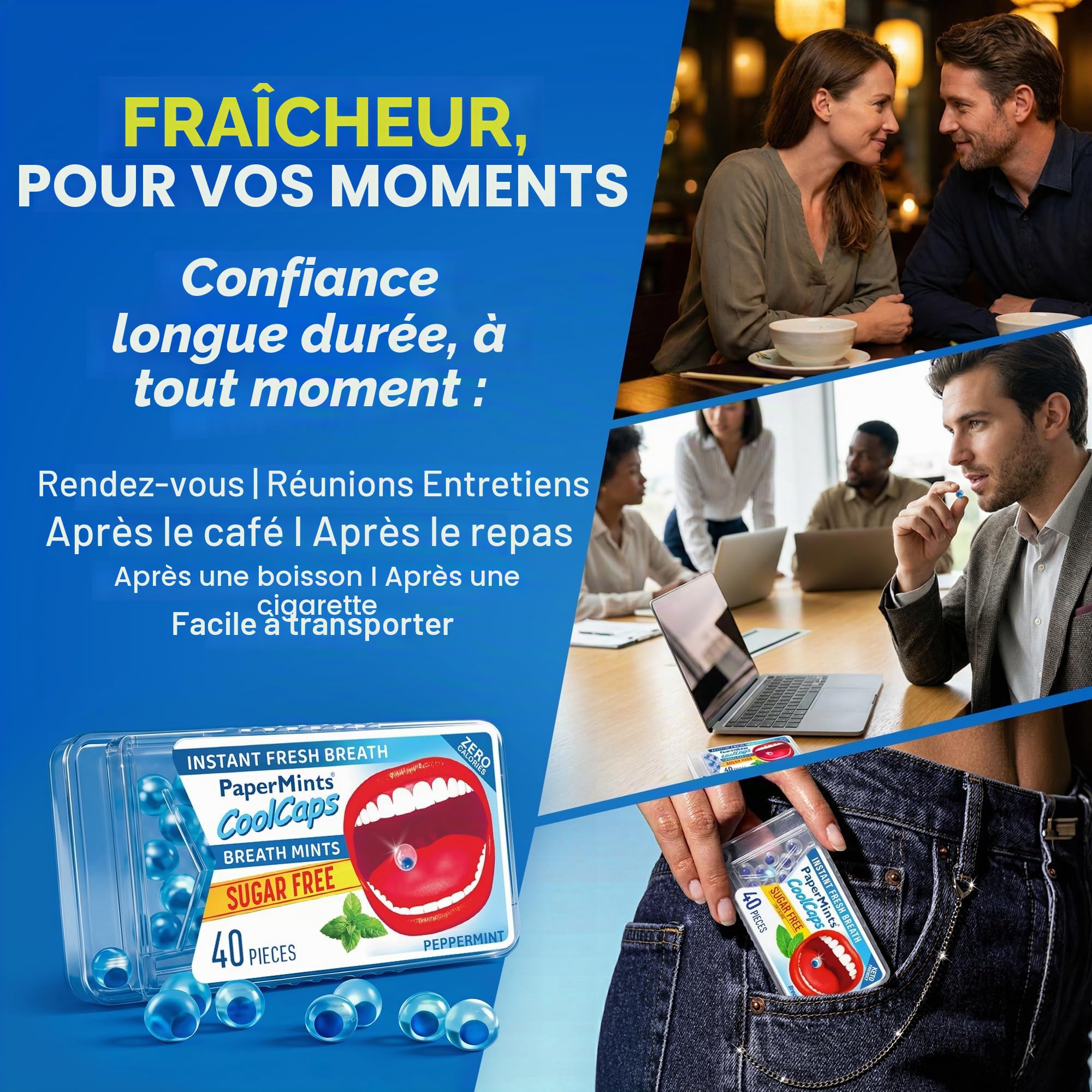 PaperMints CoolCaps Lot de 4 sachets de 160 capsules Instant Fresh Haleine Menthes sans sucre Traitement extrême de la mauvaise haleine pour adultes Perles désodorisantes pour traitement de l'halitose