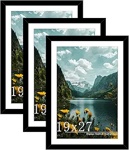 Picrit 19x27 Picture Frame 3 Pack, Black Poster Frame, Display Poster 16 x 24 with Mat or 19 x 27 without Mat for Horizontal or Vertical Wall Mounting