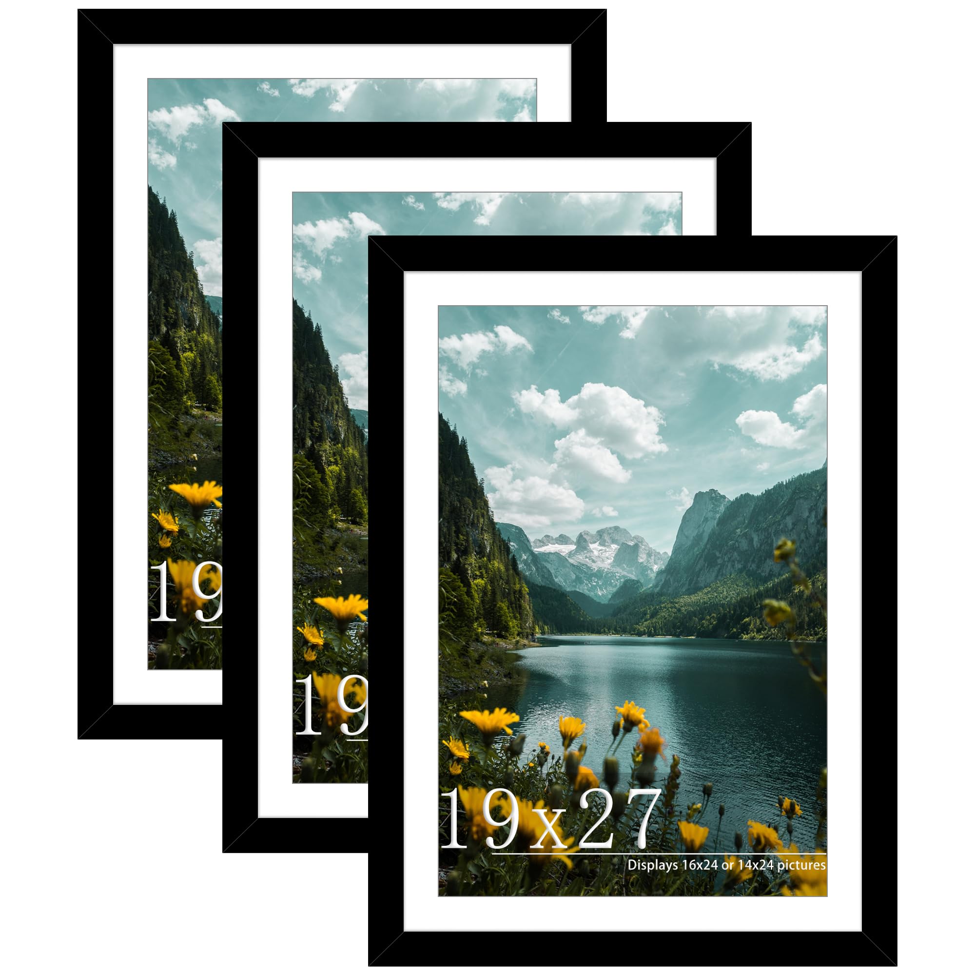 Picrit 19x27 Picture Frame 3 Pack, Black Poster Frame, Display Poster 16 x 24 with Mat or 19 x 27 without Mat for Horizontal or Vertical Wall Mounting