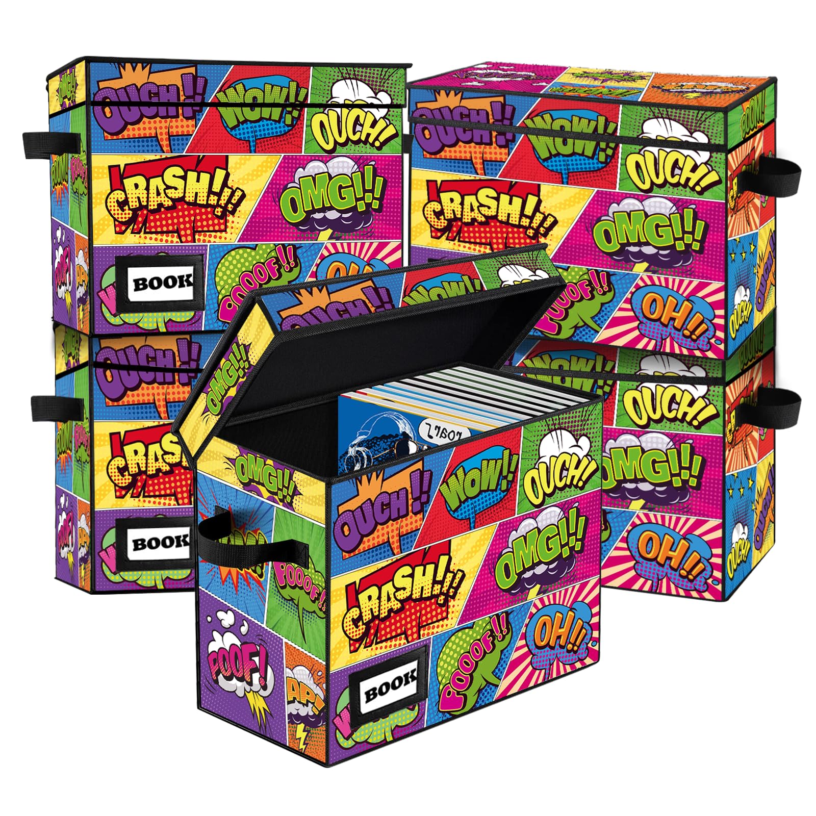YNSZAS 5 Pack Comic Book Storage Box, 15.8" X 7.8" X 11.8", Holds 165 Cubic Inches, Cartoon Colorful