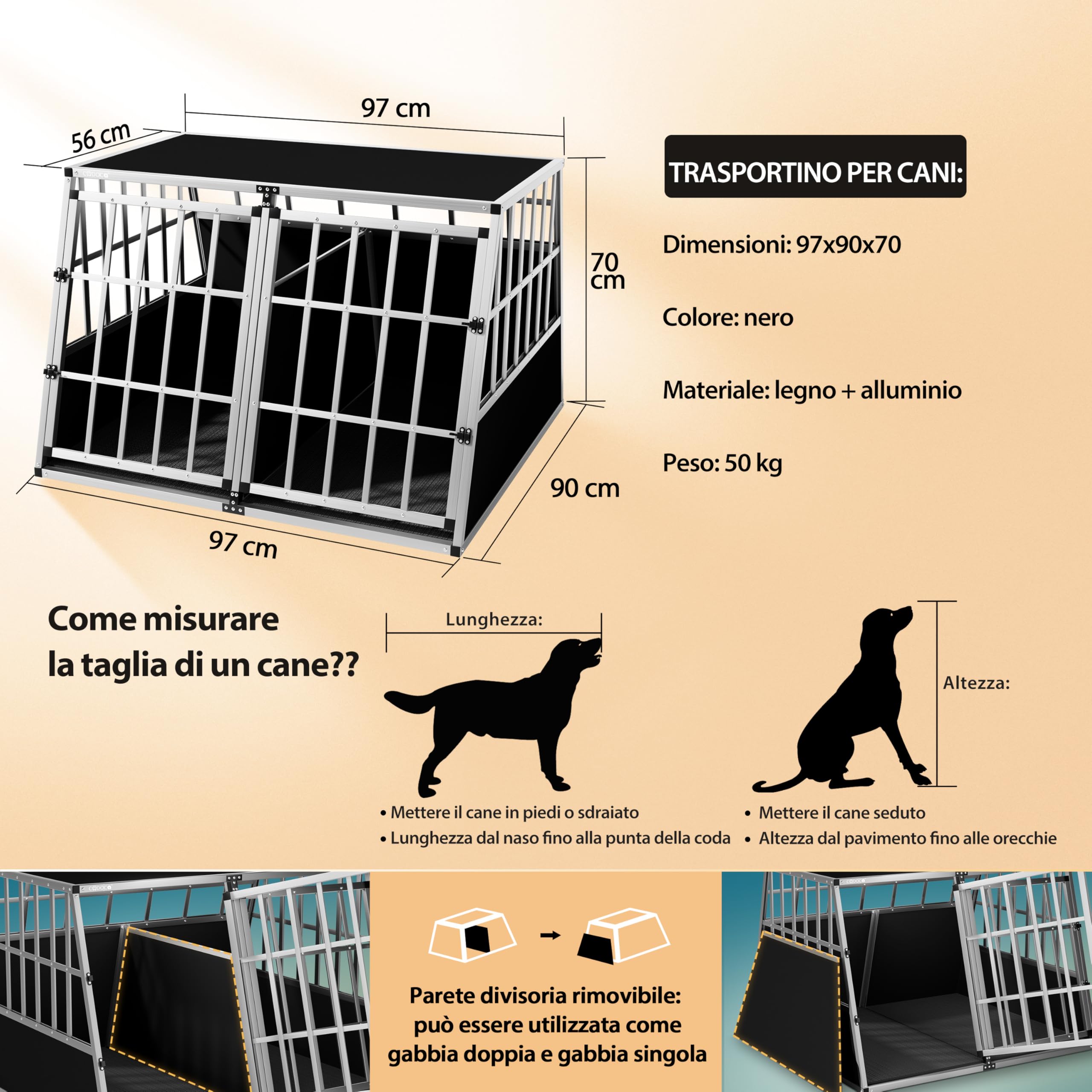 CADOCA® Trasportino Cani XXL 97x90x70cm Richiudibile Alluminio Impermeabile Box Auto Cagnolini