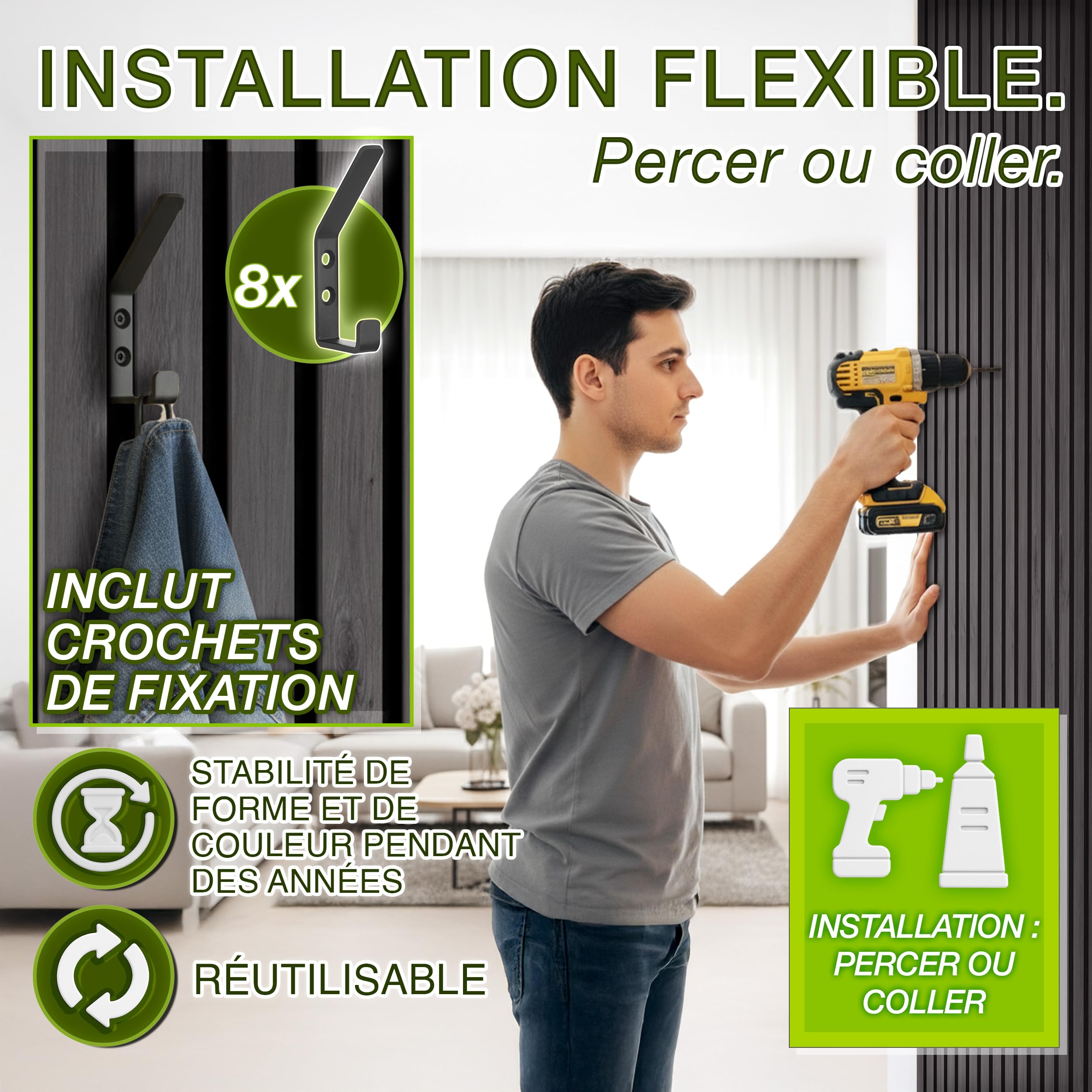 TRESKO Lot de 4 panneaux acoustiques en bois - 120 x 60 cm - Avec 8 crochets à vêtements - Revêtement mural en chêne clair comme mur à lamelles 3D - Panneaux en bois pour isolation acoustique