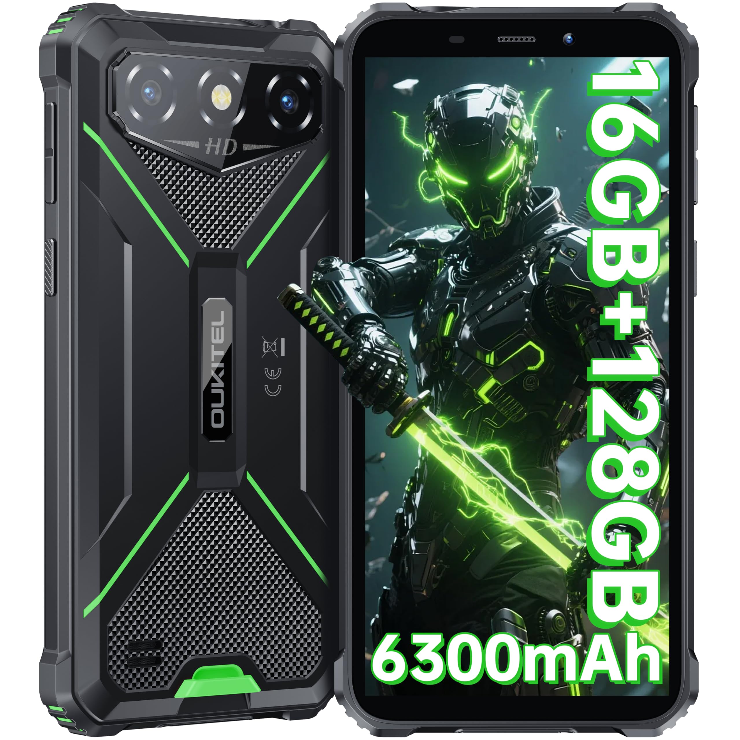 OUKITELG3 Rugged Smartphone Unlocked -16GB+128GB/1TB TF 6” HD Display IP68/IP69K Rugged Android Phone, 6300mAh Battery 13MP Rear Camera Waterproof Cell Phones, GPS/3.5mm Jack/Face ID/4G Dual Sim