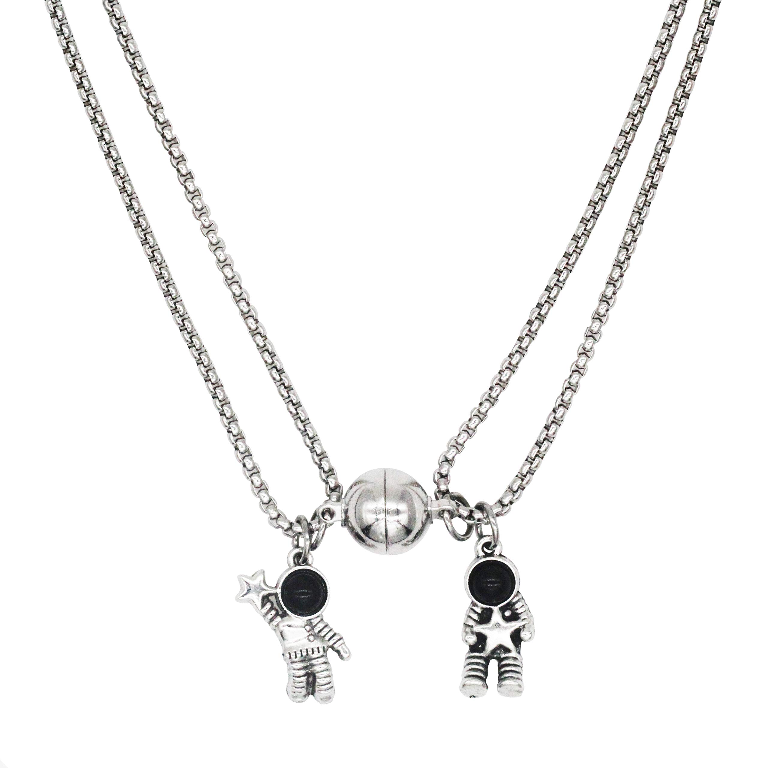 Cutenation 925 Silver Plated Mutual Attraction Couple Matching Magnetic Necklace Spaceman Pendants with Magnets 2 PCS Promise Astronaut Christmas Valentine's Day Gift Jewellery for Him And Her