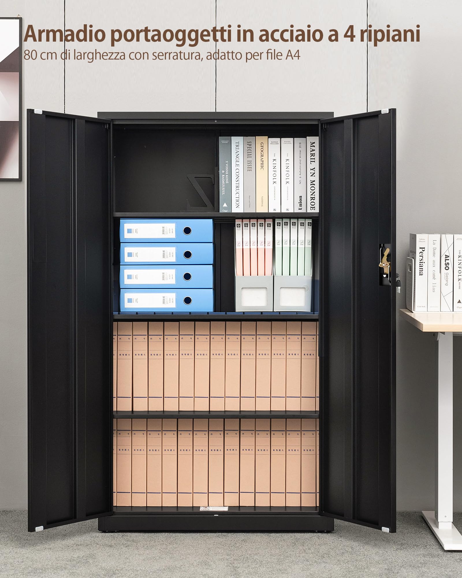 LAND·VOI Armadio in Acciaio 4 Ripiani con Serratura Ripiani Regolabili Ante a Doppia Porta Armadio per Ufficio Mobile in Metallo per Ufficio Garage Cucina Officina 80×40×131.5 cm Nero
