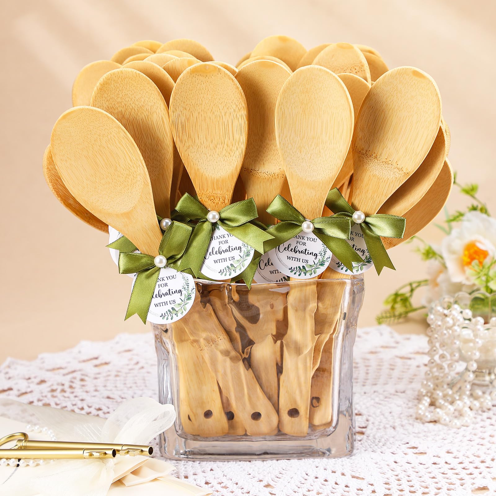 Jingmore 36 Set Bridal Shower Party Favors Bamboo Wooden Spoons with Bow and Tags Kitchen Utensils Wedding Favors Gift for Bridal Shower Prizes Guests