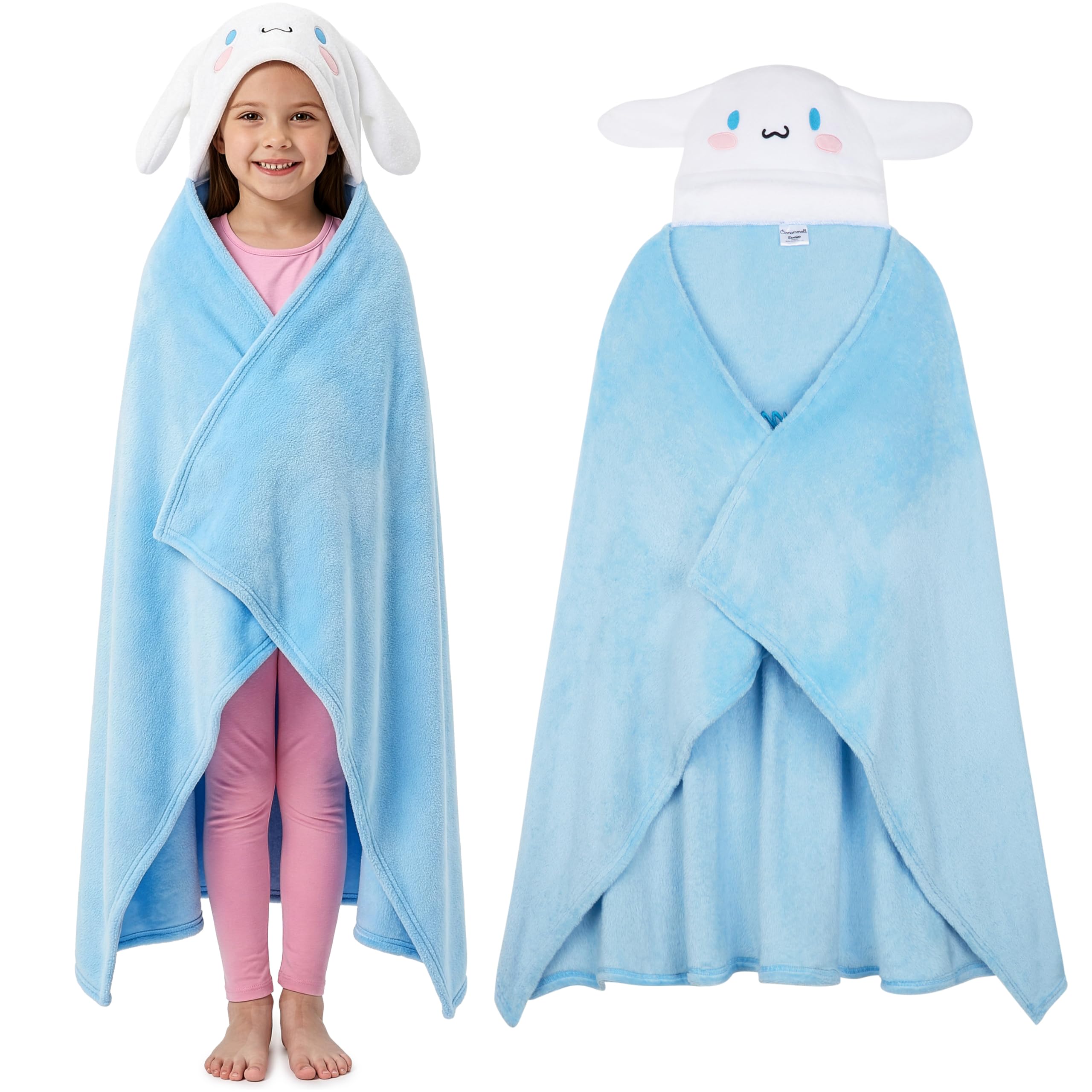 Hello Kitty Sanrio Wearable Blanket Girls Teens, Super Soft Hooded Fleece Throw Blanket, Kuromi Cinnamoroll Kawaii Loungewear, Anime Gifts for Her (Blue Cinnamoroll)