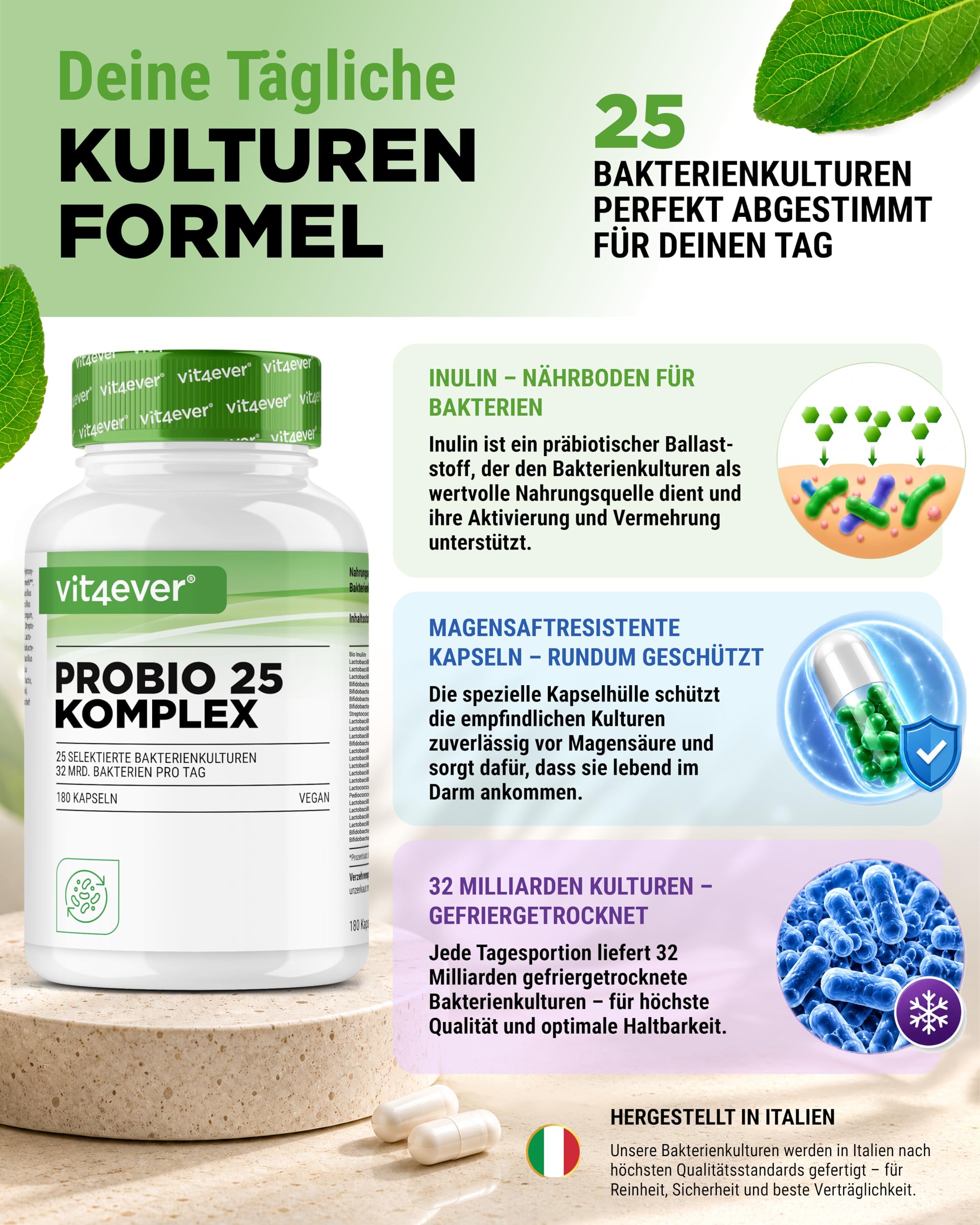 vit4ever Probio 25 Probiotika Komplex - 180 magensagtresistente Kapseln | Mit Inulin, magensaftresistente Kapseln, 3-Monats-Vorrat, vegan, 25 Stämme, 32 Mrd. KBE