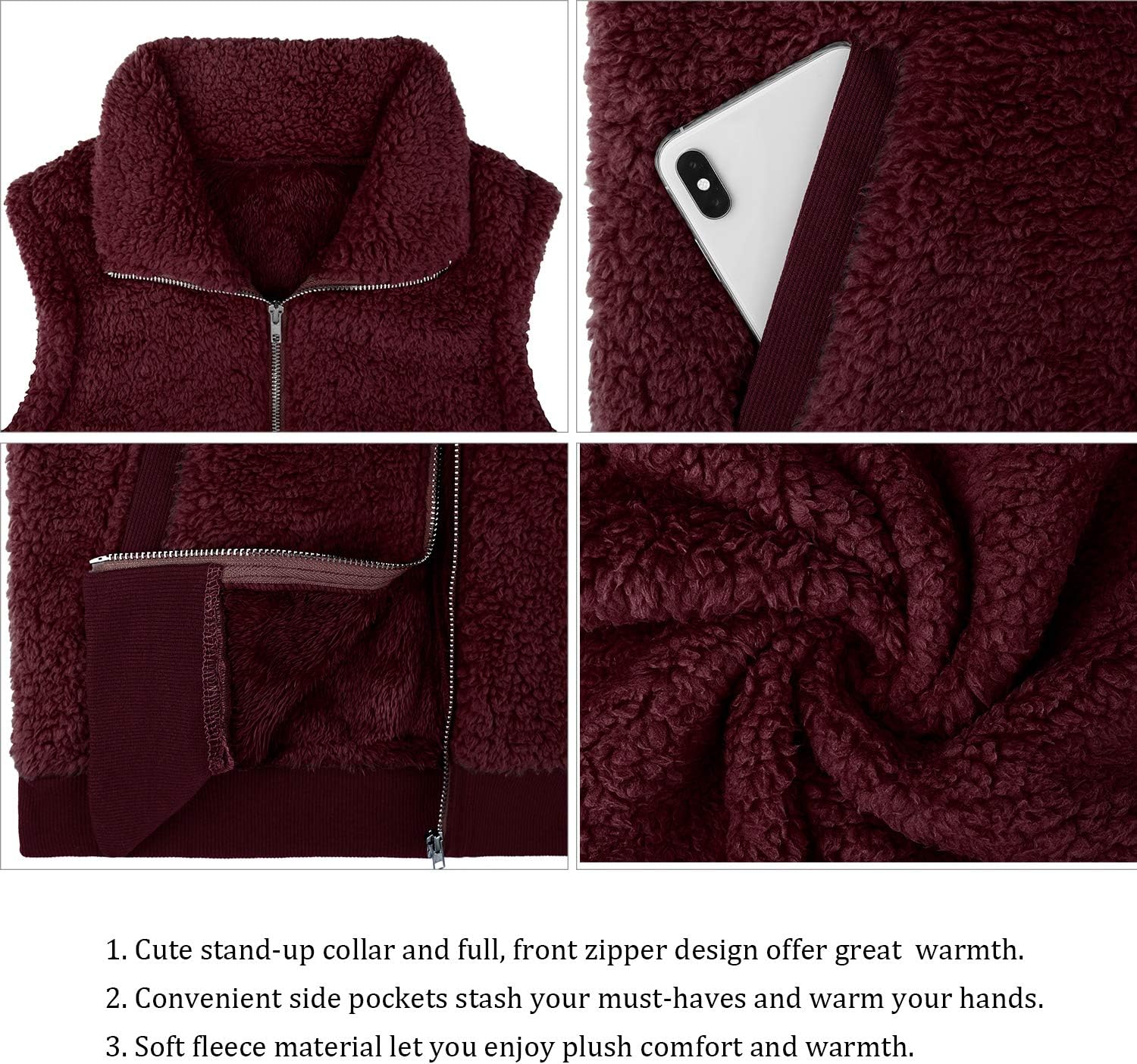 LOMON Womens Fuzzy Fleece Vest, Casual Warm Sleeveless Zip Up Sherpa Vest Jacket with Pockets for Fall/Winter - Image 4