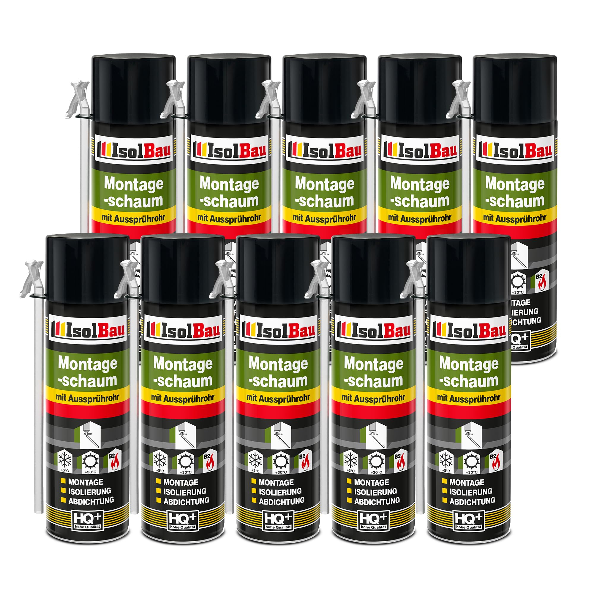 Isolbau B2 Montageschaum mit Aussprührohr - 10 x 500 ml PU-Bauschaum für Montage, Isolierung, Abdichtung, Innen & außen
