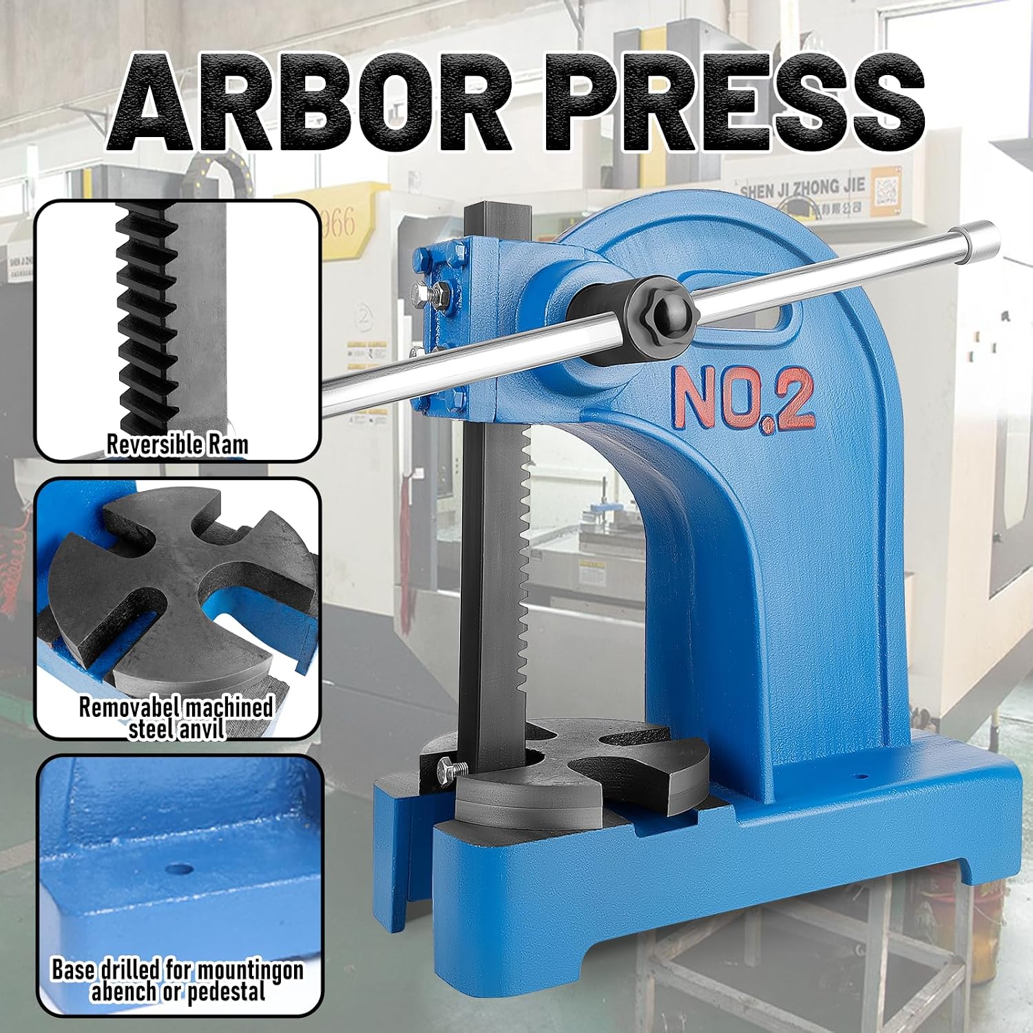 Arbor Press 2 Ton (17.32"H x 15.35"L), Reversible Ram, 3 Drifts, Steel Anvil for Punching/Shaping, Small Workbench (2T Blue)