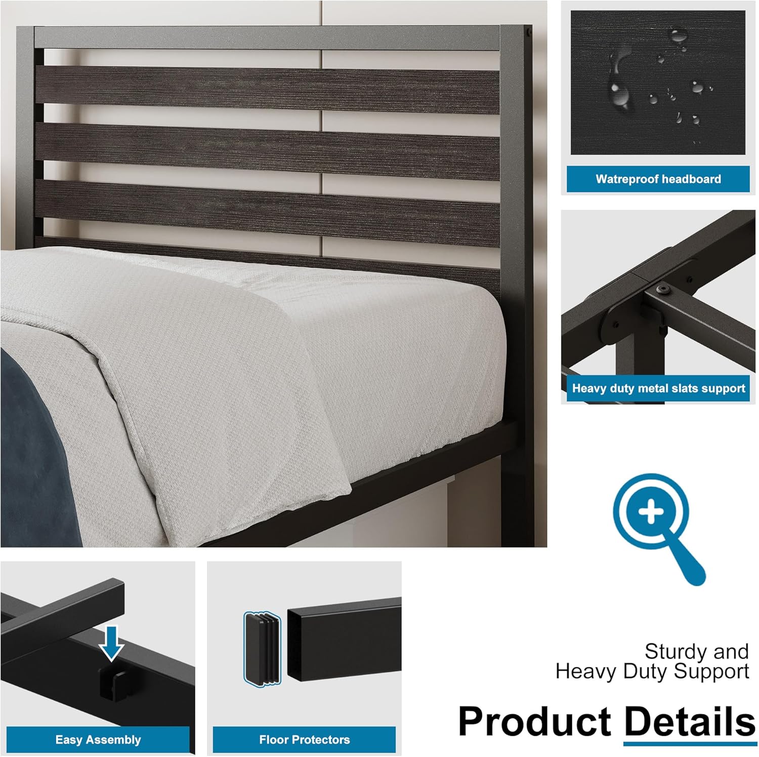 Close-up images showing the waterproof headboard, heavy-duty metal slat support, easy assembly mechanism, and floor protectors.
