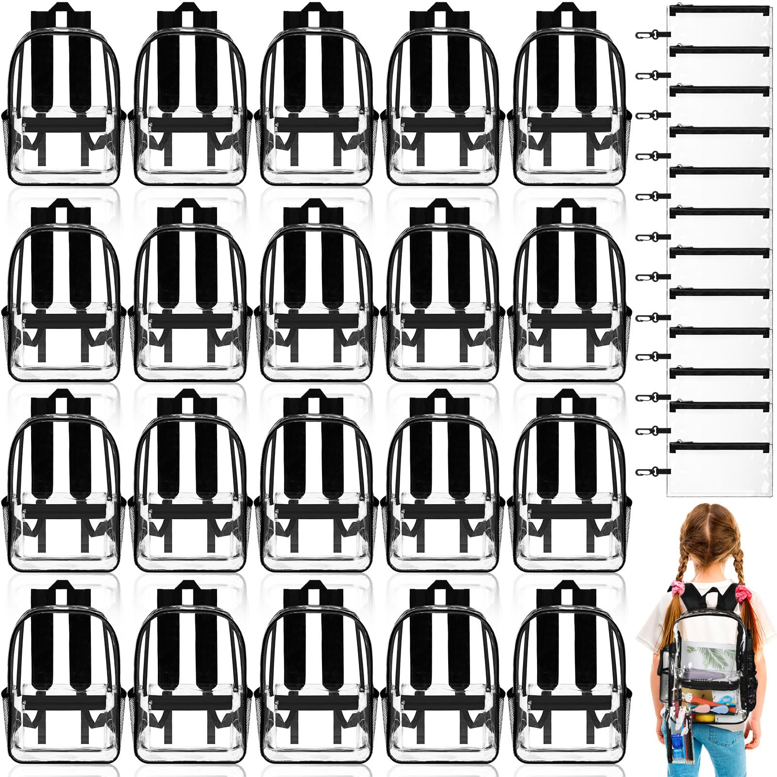 Cholemy 24 Set Clear Backpack with Pencil Case Bulk Heavy Duty PVC Transparent School Bag for Students Women