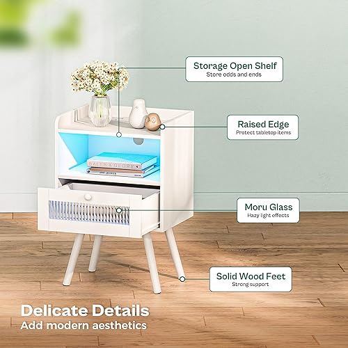 Miniatura 7 de Juego de 2 mesitas de noche con estación de carga y tiras de luz LED, mesita de noche con cajón decorativo de cristal, mesa auxiliar con pies de