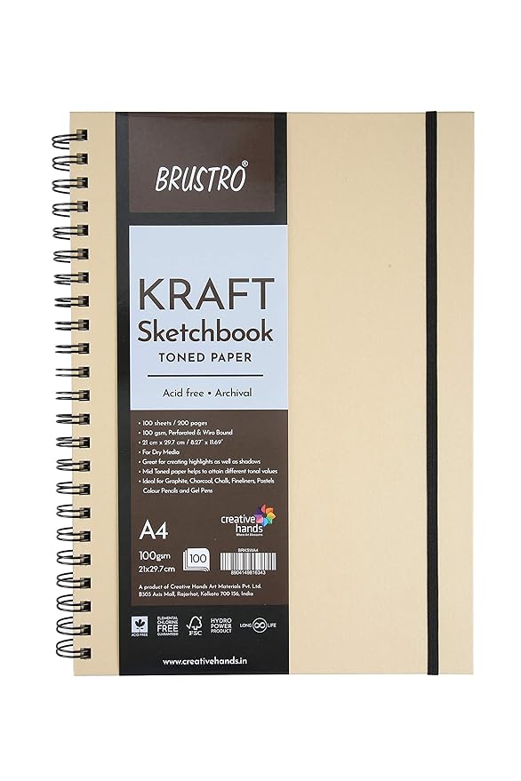 Brustro Toned Paper Kraft Sketchbook, Wiro Bound, Size A4, 100GSM. (100 Sheets) 200 Pages