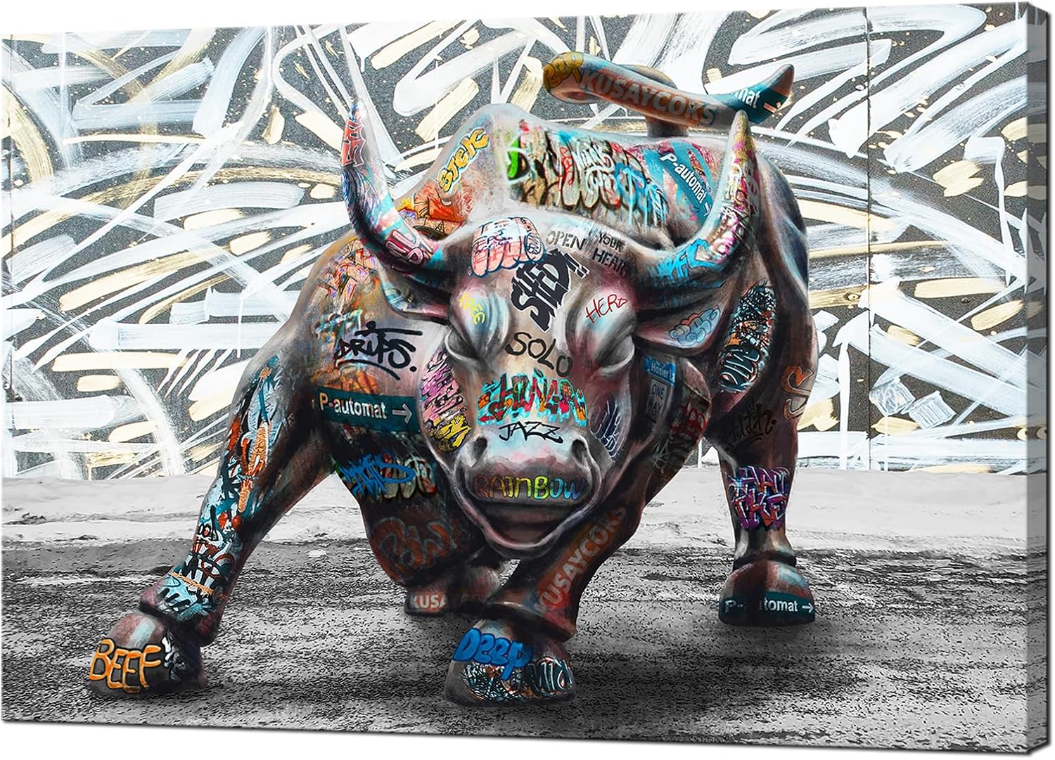 iHAPPYWALL Large Street Charging Bull Canvas Wall Art Abstract Motivationa Animal Bull Pop Street Artwork for Bedroom Office Modern Home Decor Ready to Hang 24x36inch