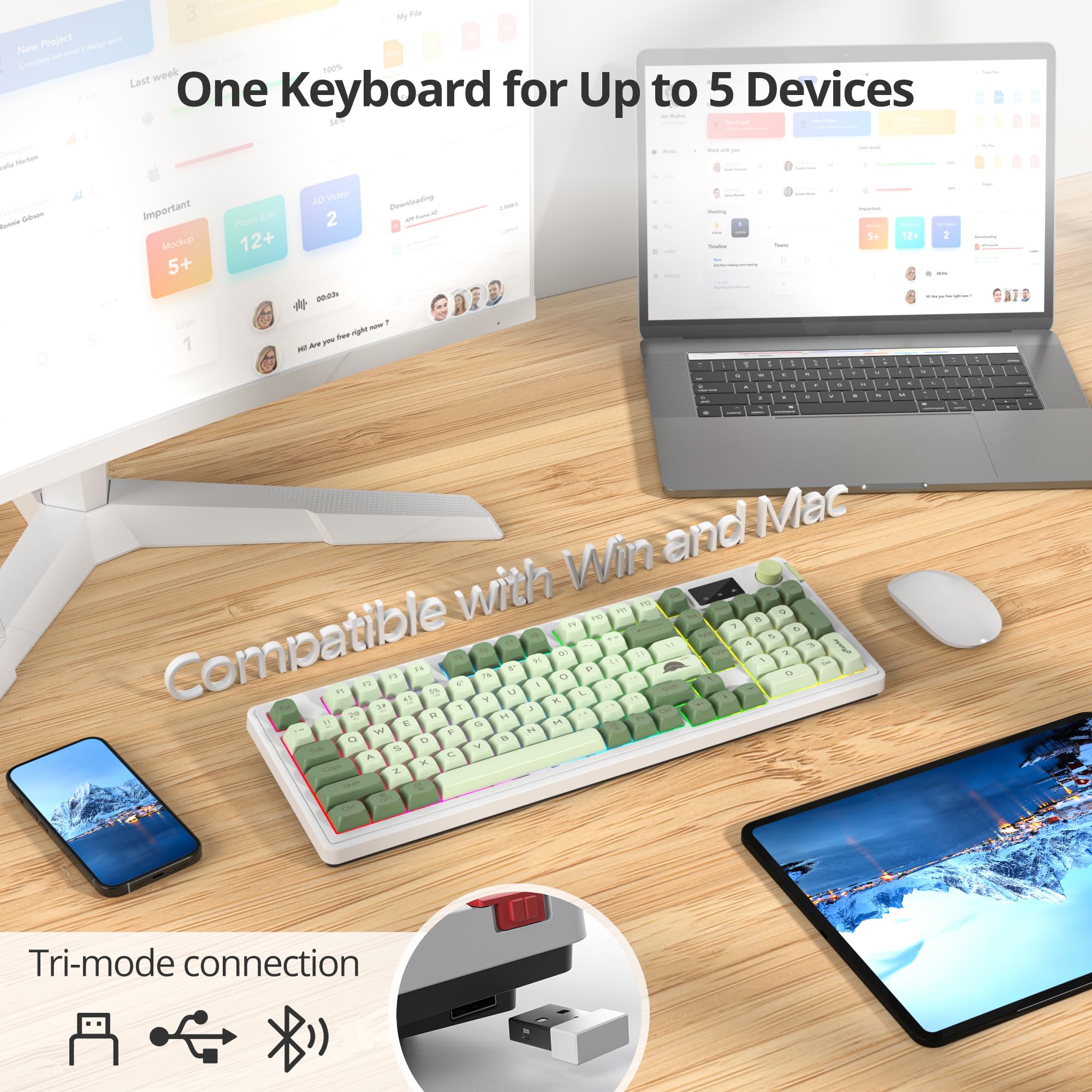 SOLIDEE Teclado de Membrana Inalámbrico 96% con Perilla,Cableado/Bluetooth 5.0/2.4G,Estructura Gasket,Retroiluminación RGB,98 Teclas Silenciosas con Sensación Mecánica,Teclado Numérico(Matcha)
