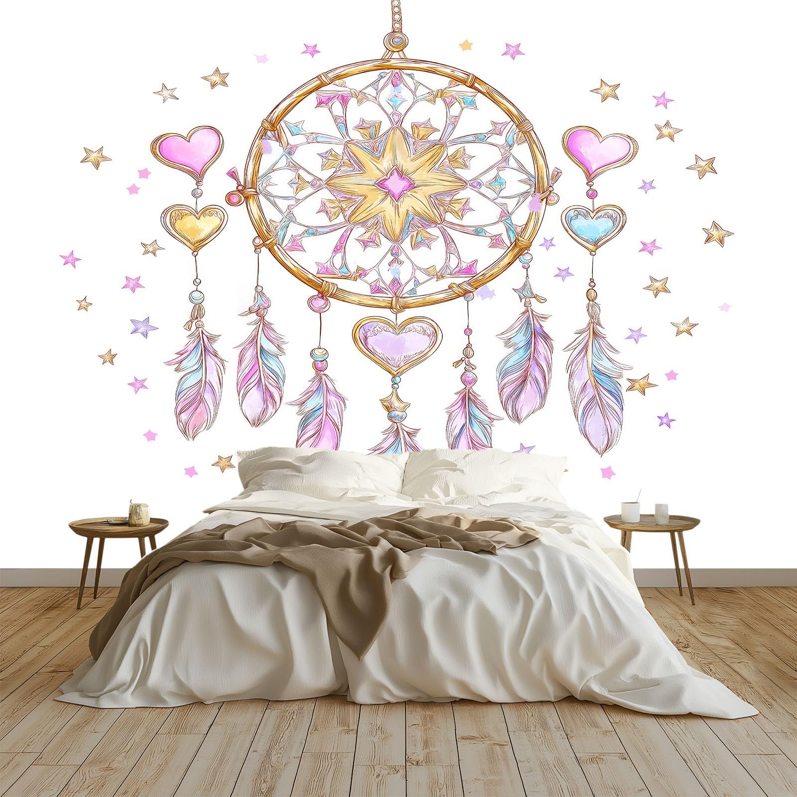 Moderne Fototapete Vliestapete Rosa250 x 175 cm - Boho Feder Traumfänger für Schlafzimmer Wohnzimmer Kinderzimmer - Hochwertige Wandtapete Vlies Wanddekoration Großformat Design
