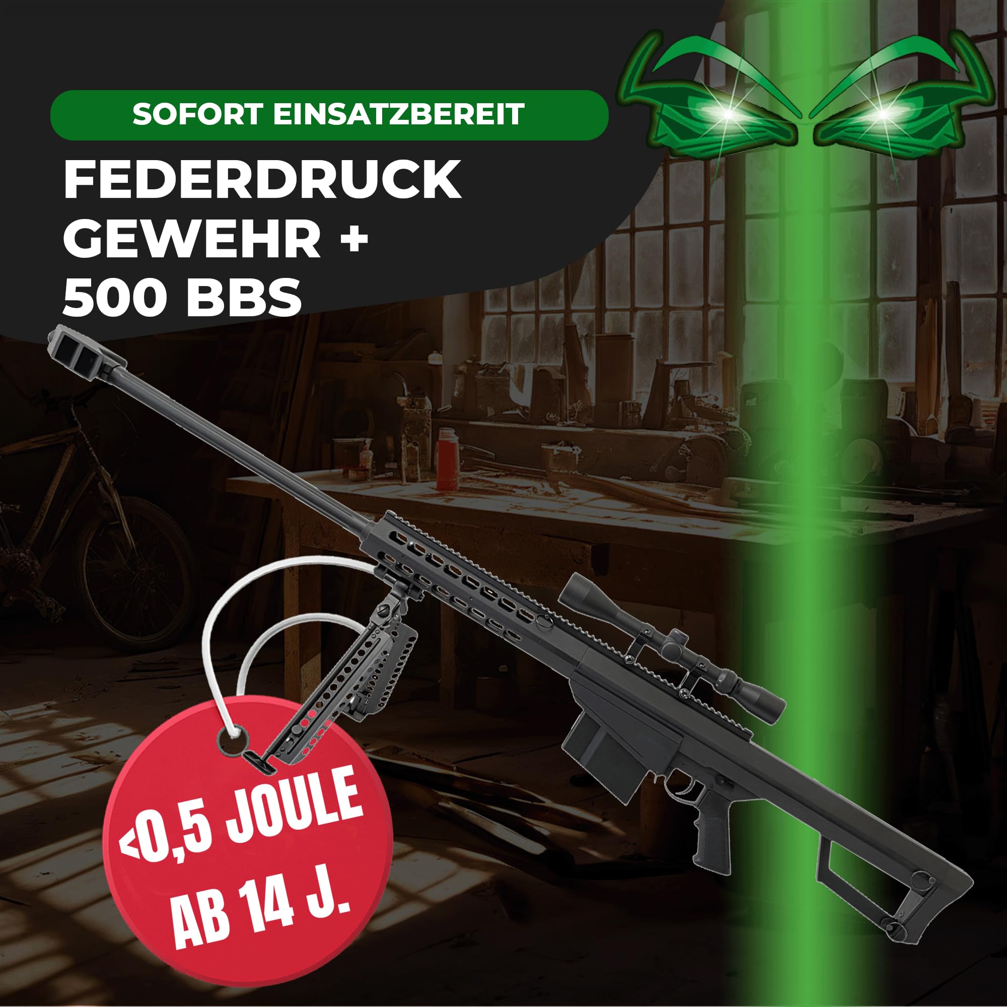 Fritz-Cell Set Airsoft Gewehr M82 140 cm Softair Waffe 0,5 Joule 6 mm inkl. Zweibein, Zielfernrohr, 500 Premium BB's 0,20g Munition FC31C schwarz