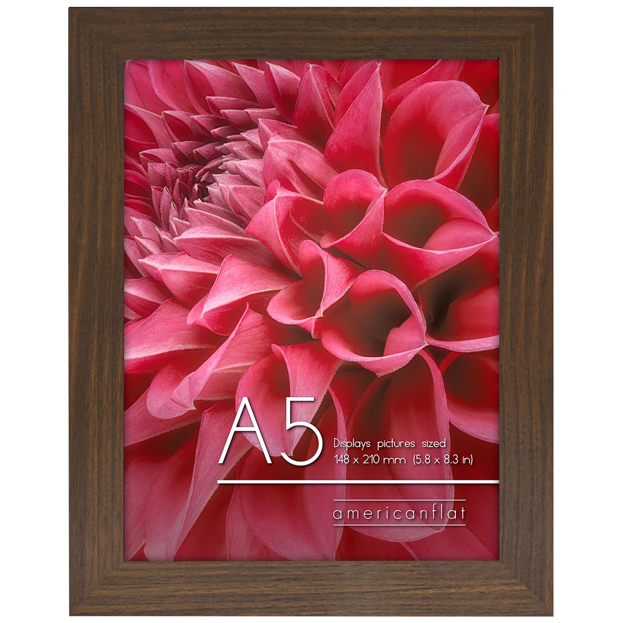 Americanflat A5 Photo Frame in Walnut - Engineered Wood with Shatter Resistant Glass - Horizontal and Vertical Formats for Wall and Tabletop - 14.8x21 cm