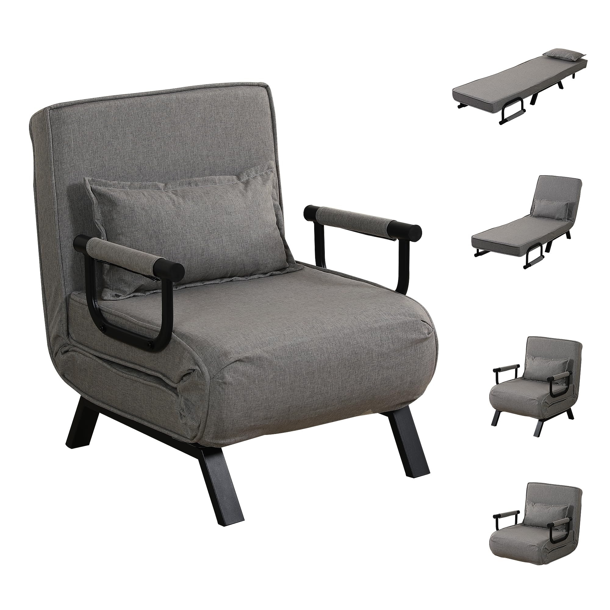 WestWood 4-in-1 Multi-Functional Convertible Sofa Bed Recliner Chair Sleeper Floor Chair Lounger Versatile Folding Guest Bed 6-Position Removable Pillow Adjustable Small Spaces (Grey)