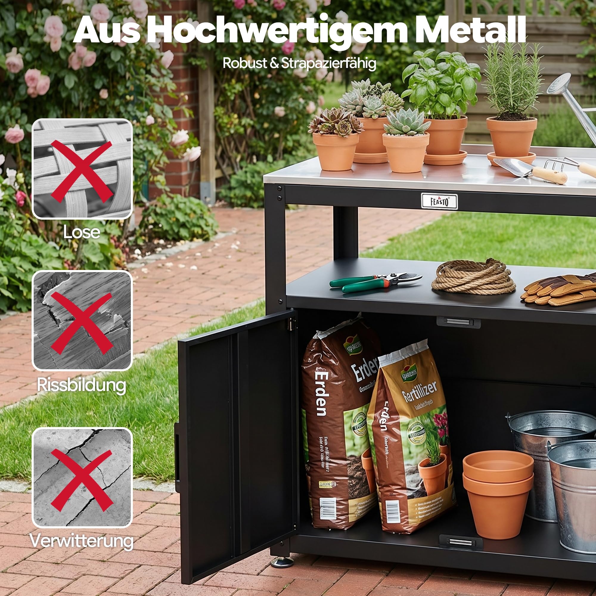Feasto Pflanztisch mit Unterschrank, Gartenschrank wetterfest Outdoor mit Edelstahl - Arbeitsplatte, für Garten & Terrasse, 80x45x82cm