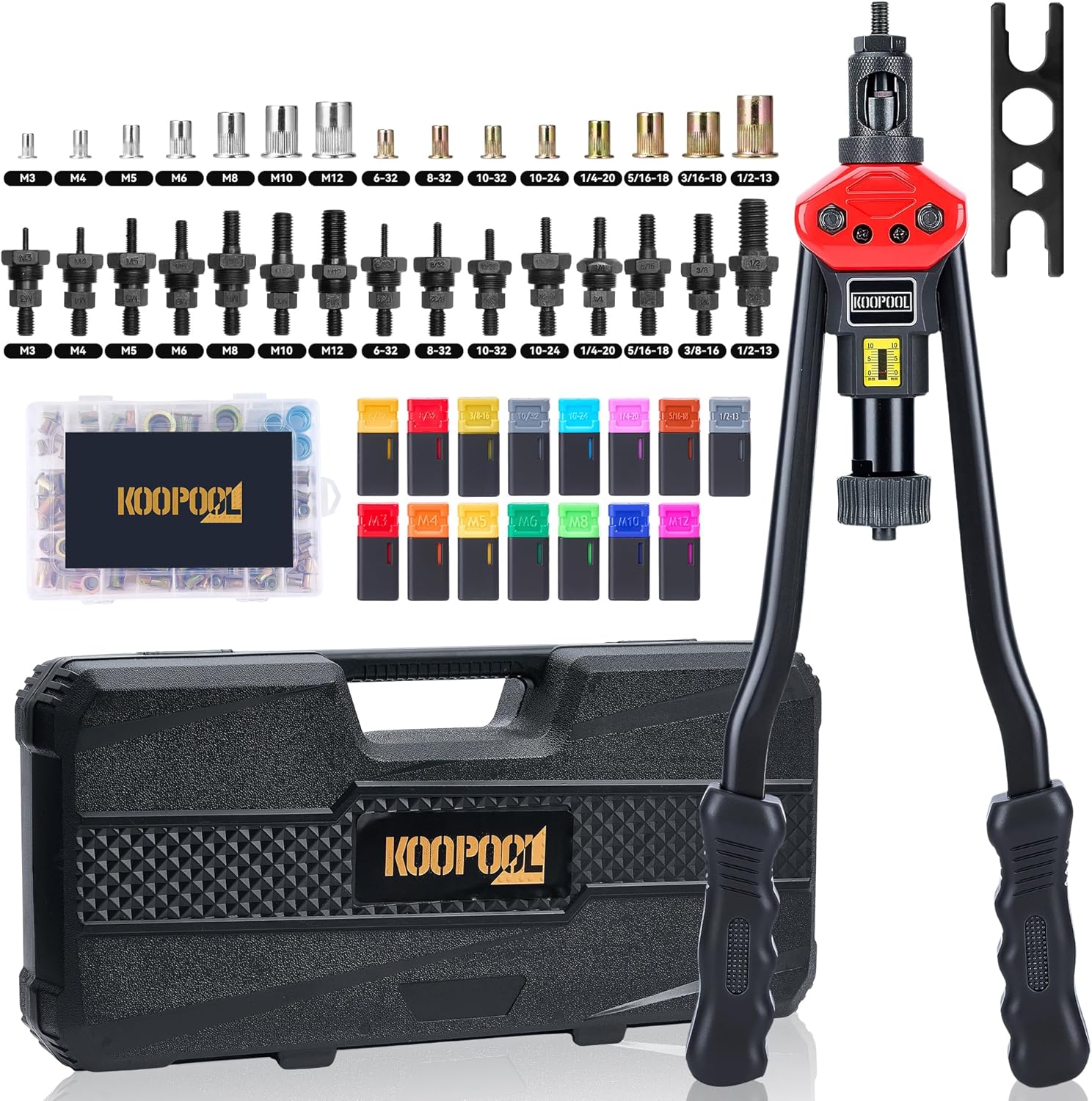 16" Rivet Nut Tool Kit, Heavy-Duty Rivnut/Nutsert Tool with 7 Mandrels (M6, M8, M10, 1/4"-20×2, 5/16"-18, 3/8"-16) & 70 Rivet Nuts, Rugged Rivnut Tool Kit with Carrying Case (16")