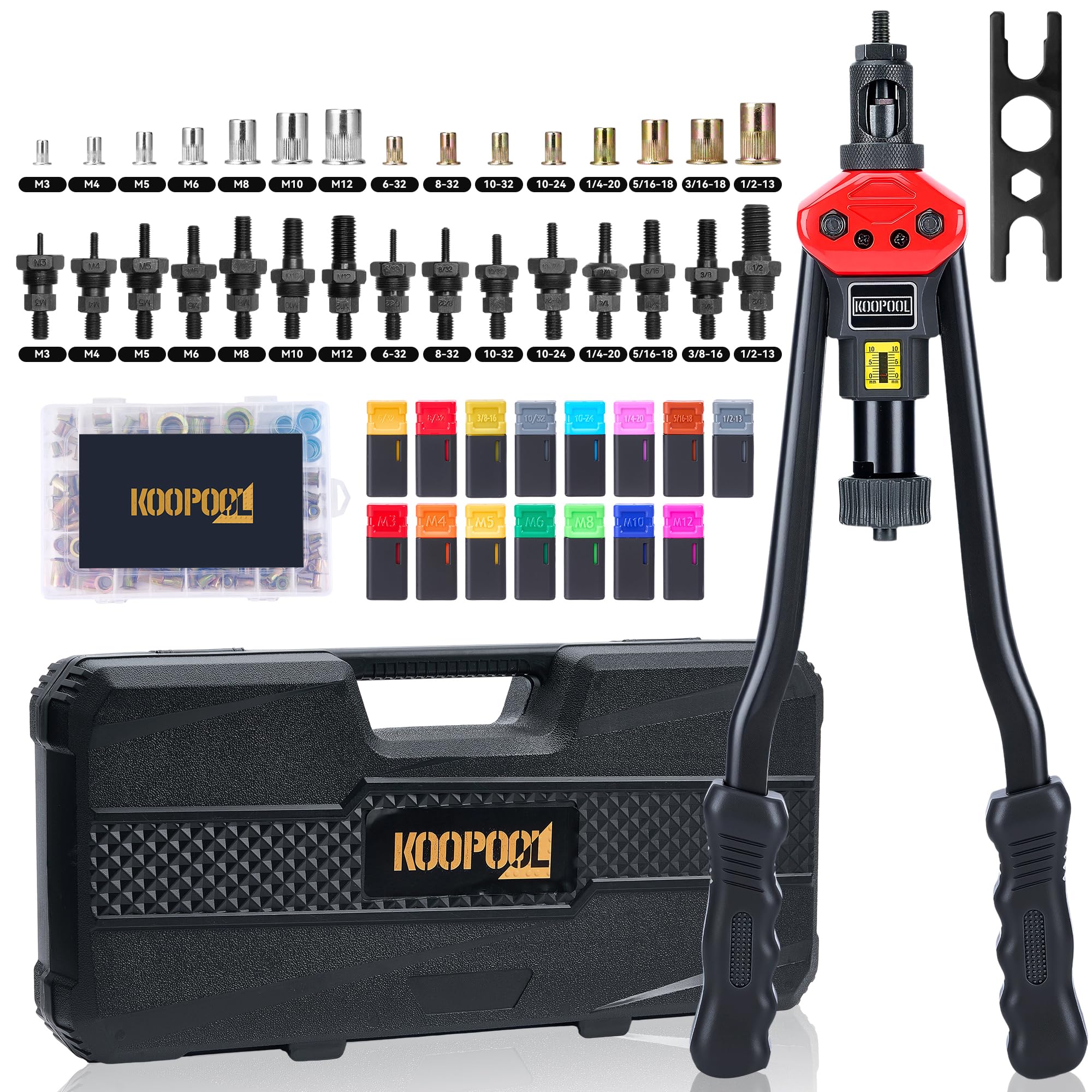 KOOPOOL 16" Rivet Nut Tool Kit – 14 Mandrels &amp; 170 Nuts
