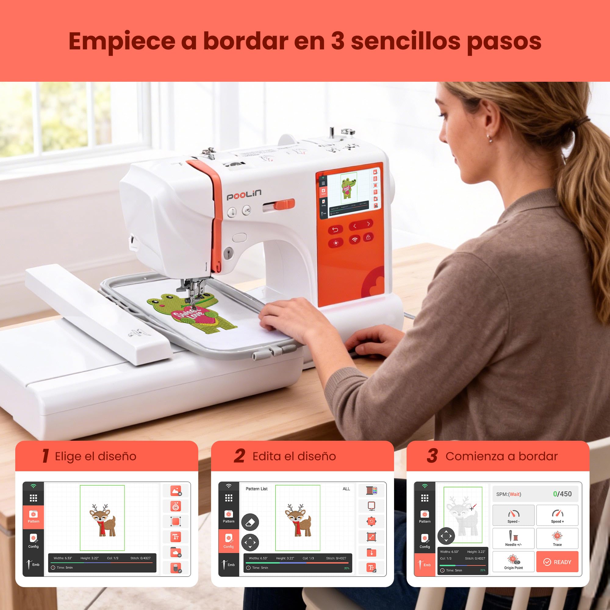 PooLin EOC03 Máquina de bordado – Máquina de bordar electrónica – Pantalla táctil LCD de 4,3″, bastidores de 10×10 cm y 10×23,5 cm, importación de diseños por USB/Wi-Fi, ideal para principiantes y exp