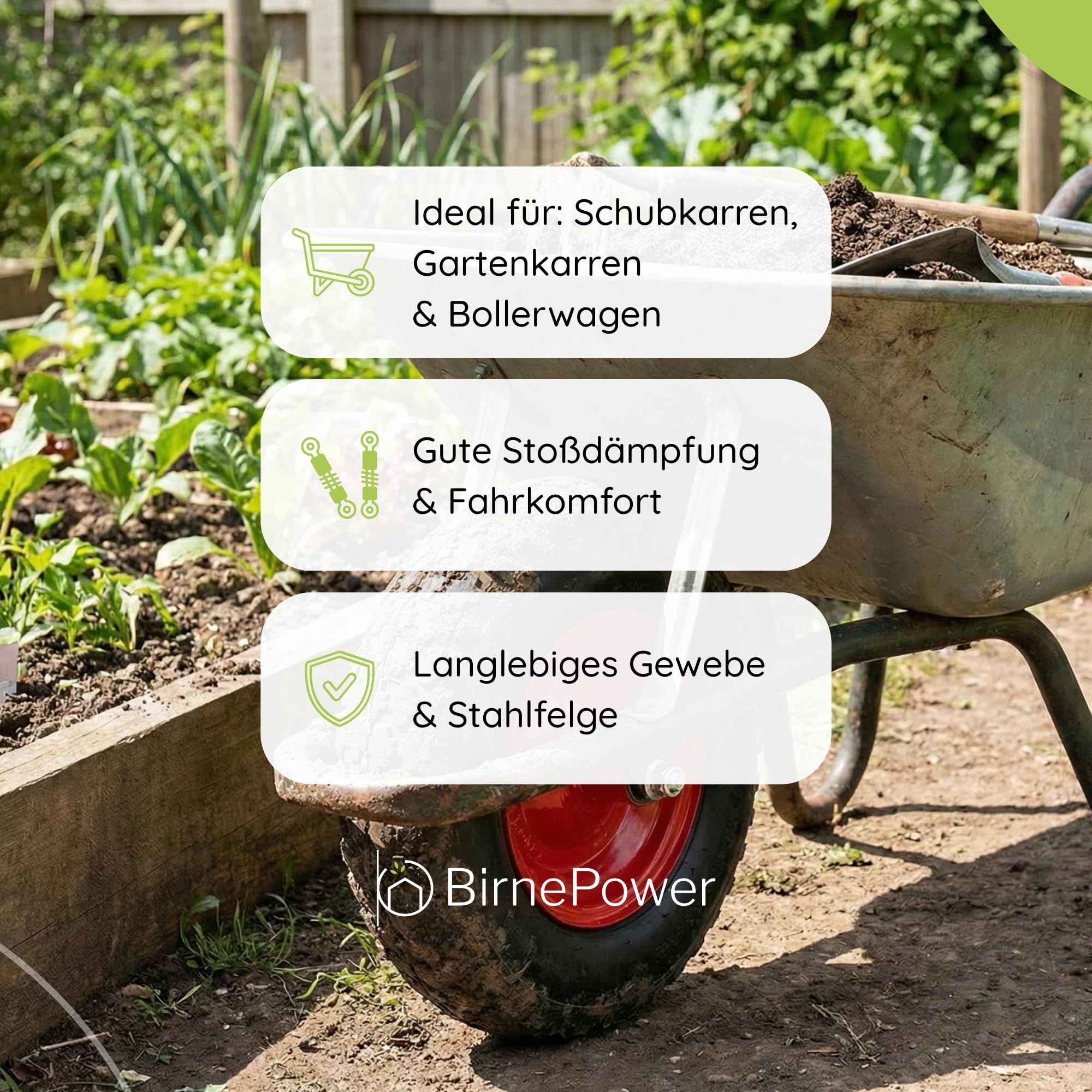 BirnePower Schubkarrenrad Rad Räder Ersatzrad Luftrad Felge rot 4.10/3.50-6 2PR mit Achse Luftbereift