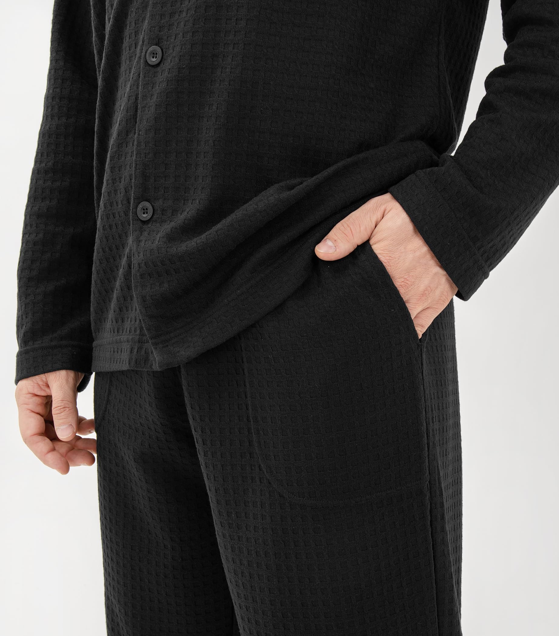 DAVID ARCHY Conjunto de pijama de algodón suave con cuello con muescas para hombre, manga larga, con bolsillos y bragueta frontal, Negro - Tejido de poliéster gofre (sin bragueta), Medium