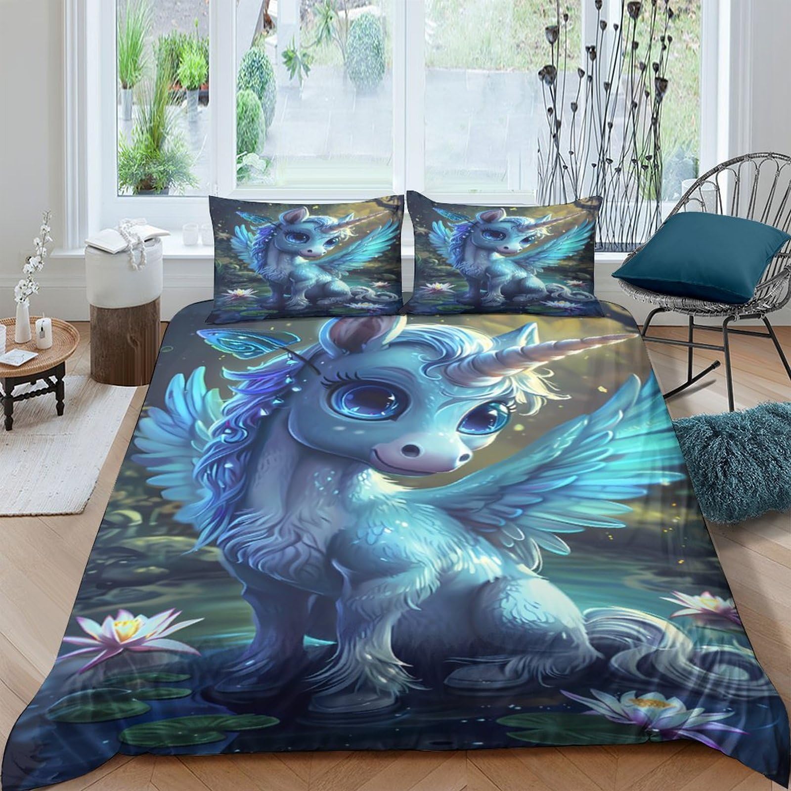 Ctjqhvkz Style-8 3D Printed Blue Fantasy Unicorn Fitted Sheet Microfiber Soft Anti-Slip Fairy Wings Bed Cover For Bedroom Decor Single（135X200cm）