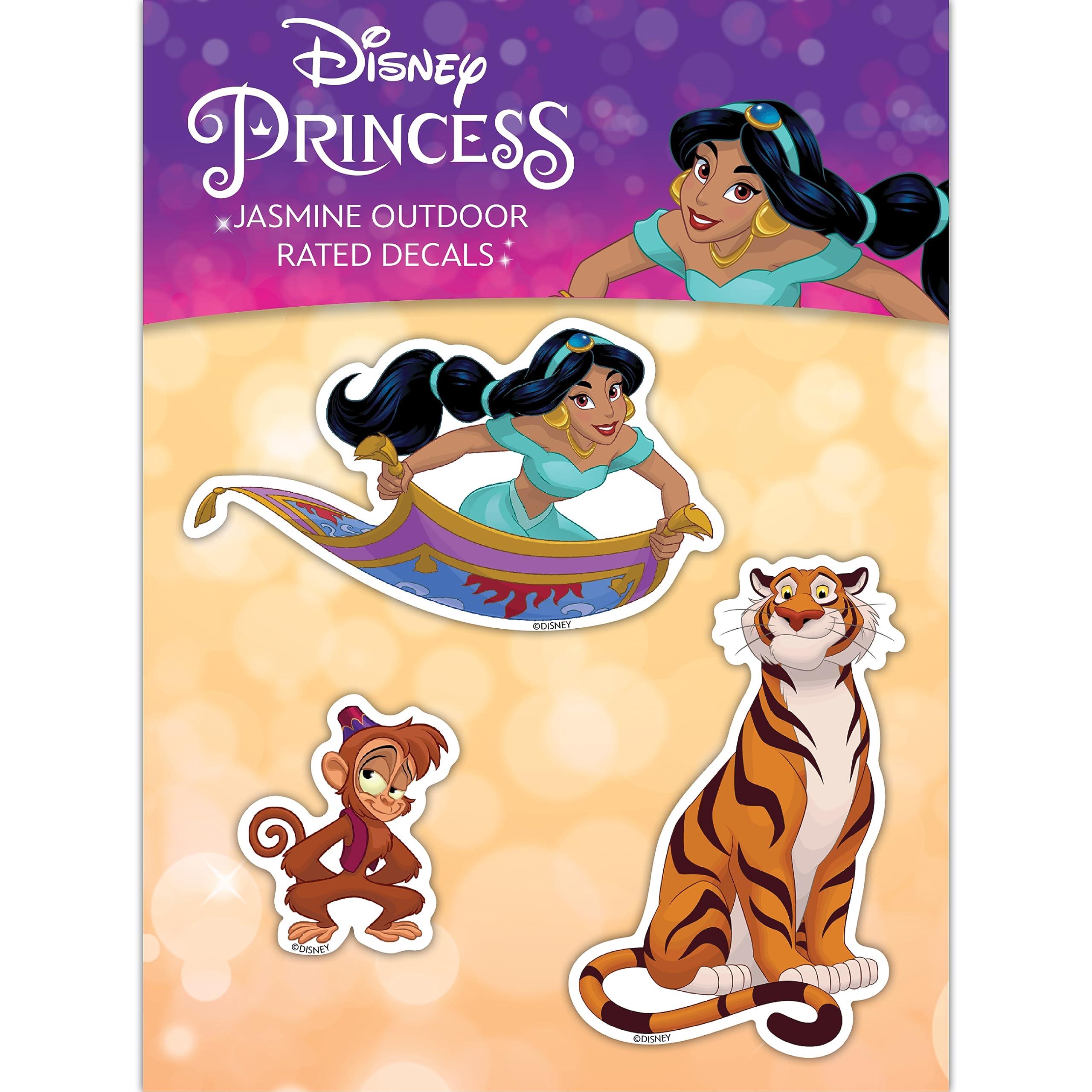 Disney Princess Jasmine Decals - Set of 3 Vinyl Stickers for Car Water Bottle Laptop Skateboard Bike Helmet Jasmine Rajah Abu
