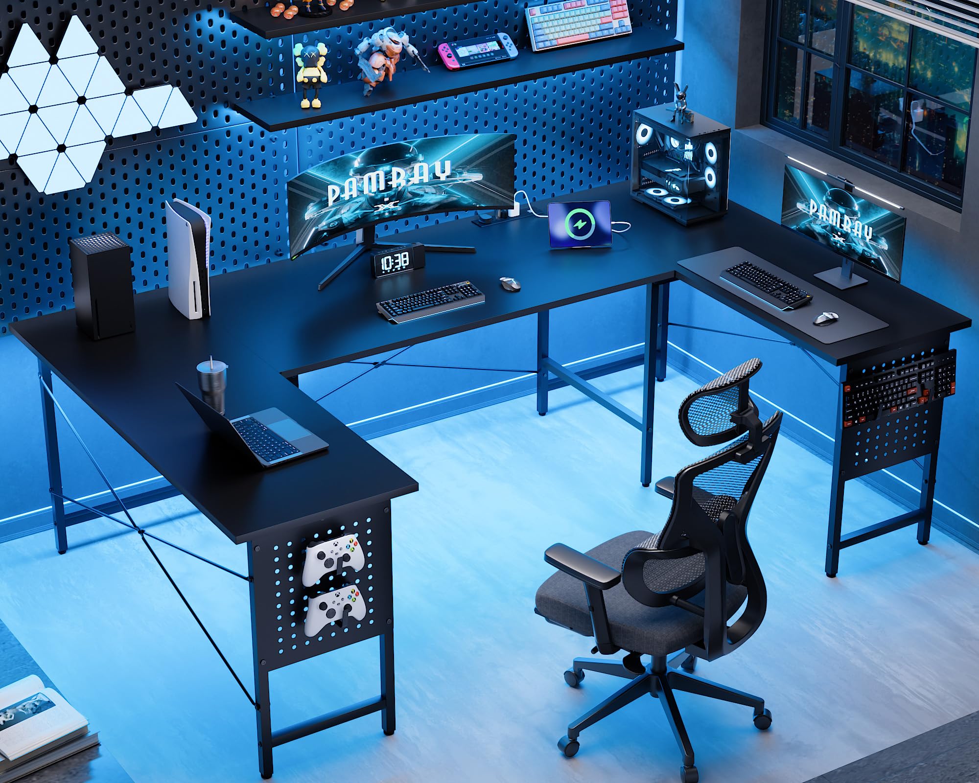 Pamray 71 Inch Large Computer Desk with Power Outlets,U Shaped Corner Desk for Home Office Work and Gaming Black