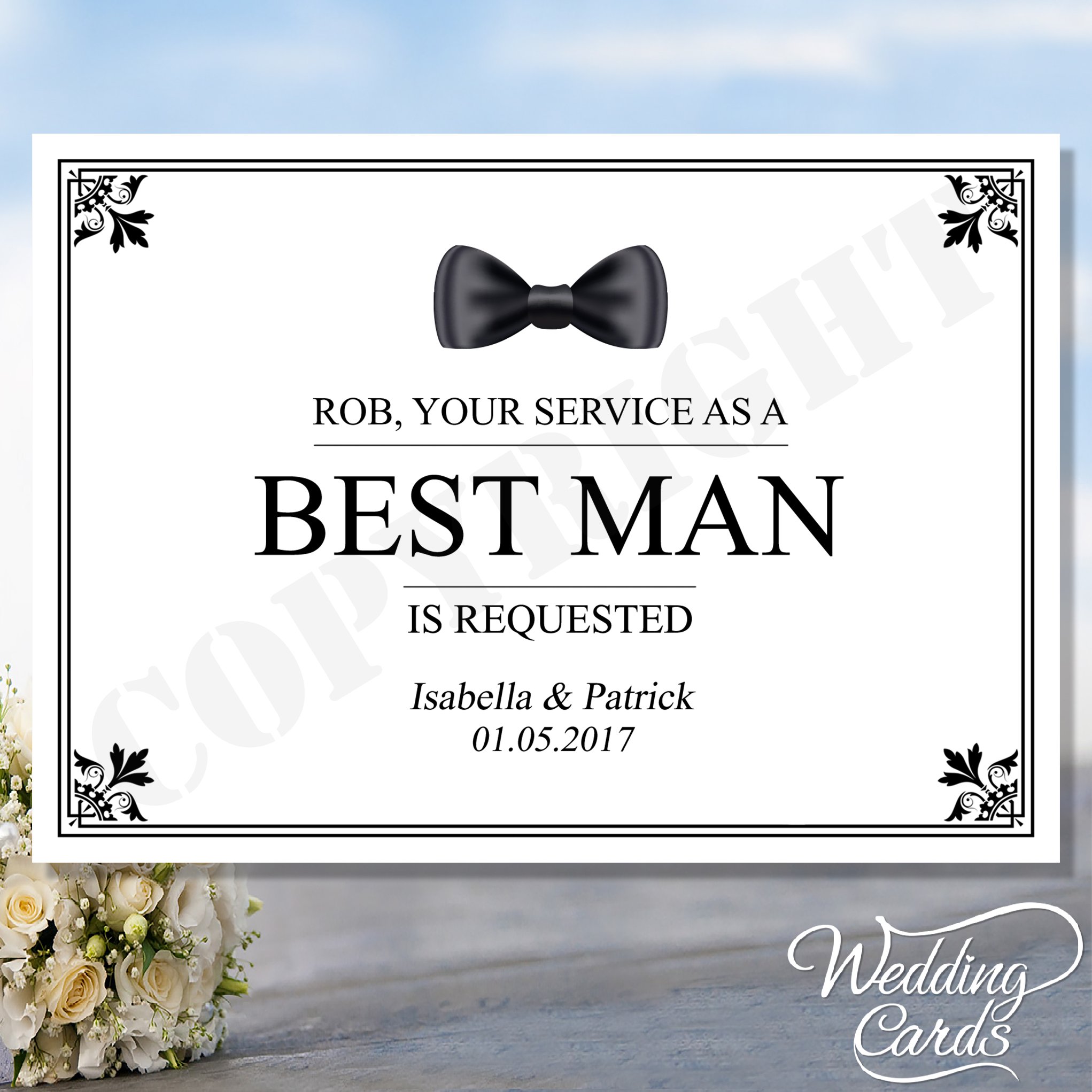 Personalised Bow-Tie Design Your service as (any roles/text/colours) is requested Wedding Invitation Card A6