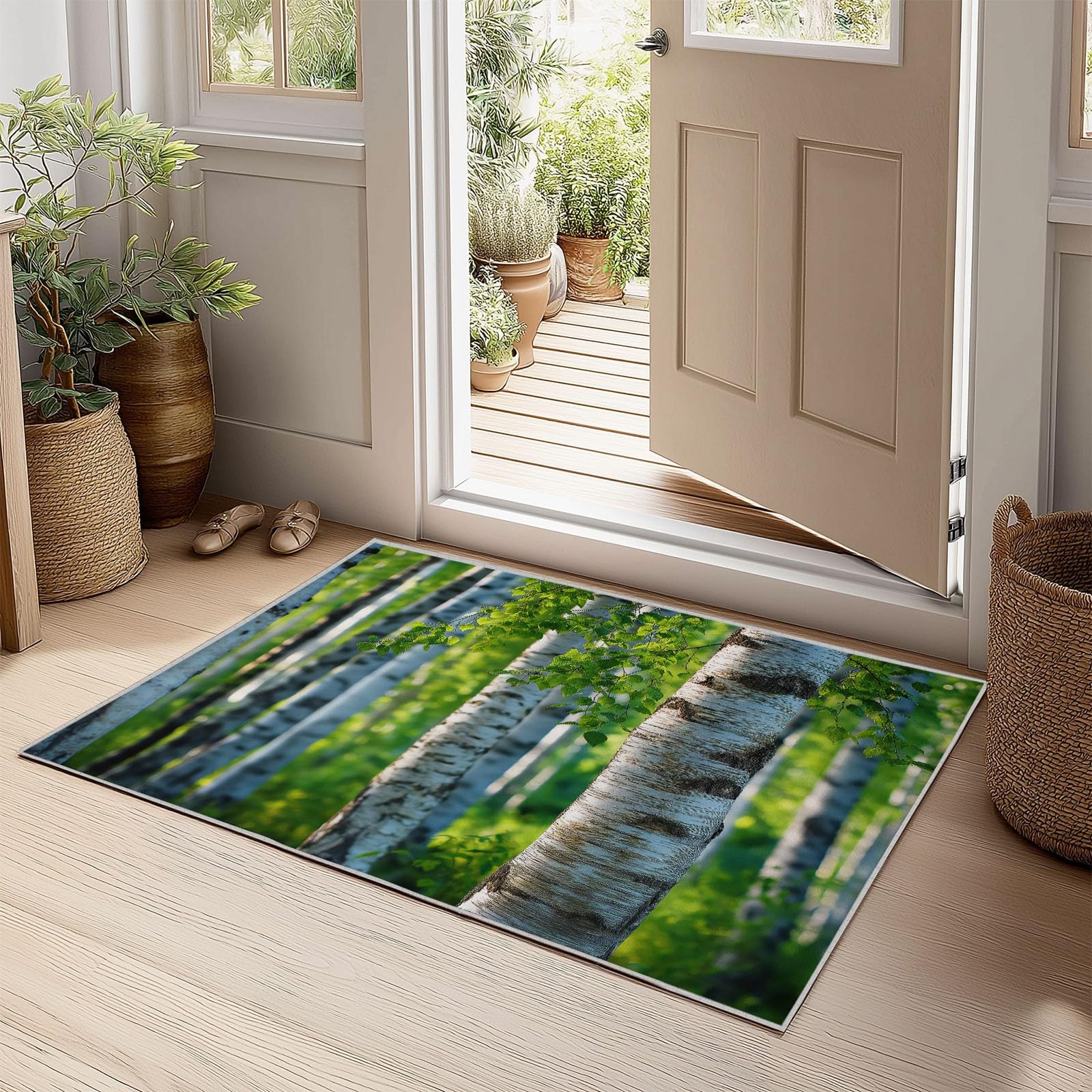 Zmywalny dywan 80 x 150 cm, antypoślizgowy dywan z motywem lasu brzozowego, fotografia przyrody, duży dywan, do salonu, sypialni, kuchni, holu, niski runo, miękki w dotyku dywan