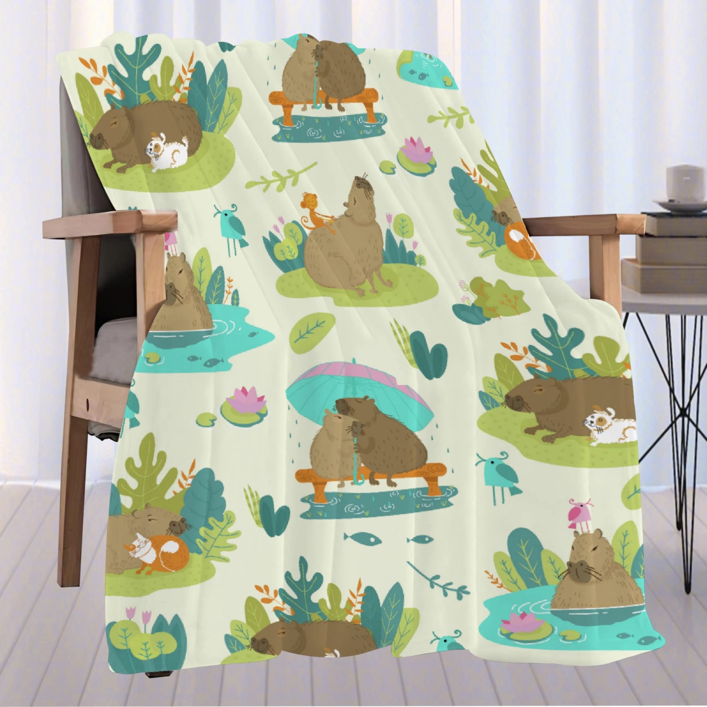 Cute Cabybara Flannel Blanket | Capybara Lovers Home Decor | Plush Cozy Warm Animal Blanket for Bed Living Room | Capybara Lovers Gifts for Halloween Christmas Birthday Gifts | 90
