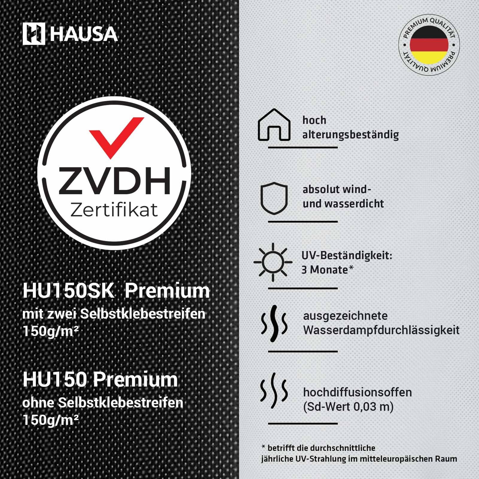 HAUSA Unterspannbahn Premium HU150 150g/m² schwarz 37,5m² (1,5m x 25m) Klasse UDB/USB schlagregensicher diffusionsoffen UV-beständig
