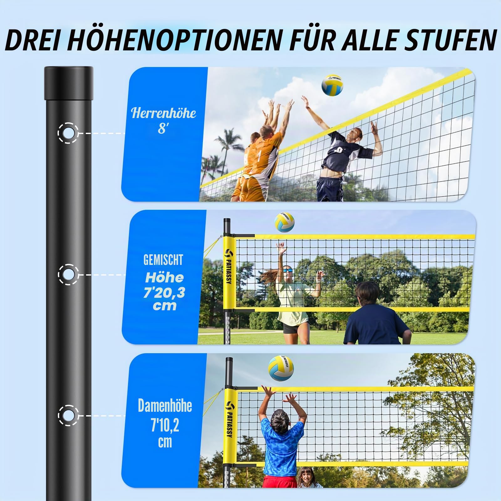 Volleyball Netz Set 9,5m x 1m mit Höhenverstellbar Stahlstangen, PU Ball, Pumpe, Grenzlinie, Tragetasche für Strand Indoor Outdoor