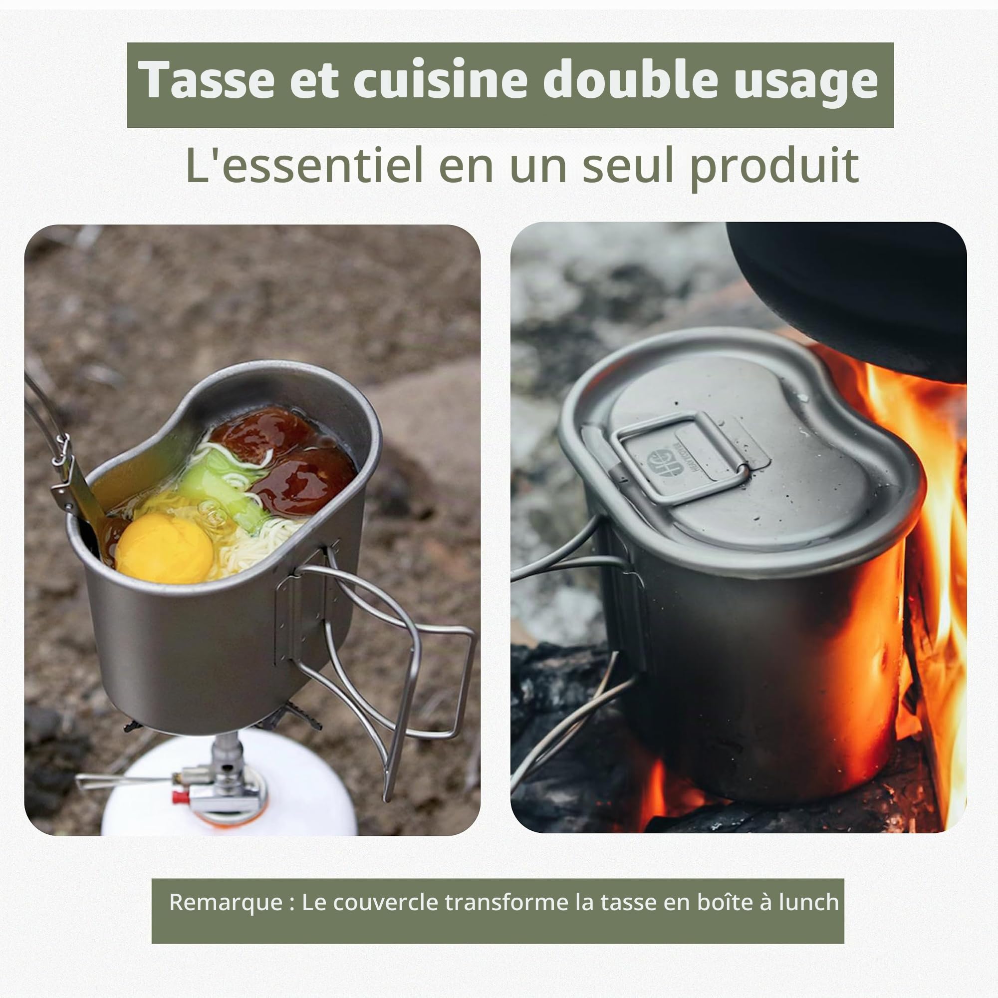 Keith Titanium Cantine Militaire avec Sac Camouflage, Ti3060, Durable, Bouteille 1100 ml + Tasse 700 ml avec Couvercle et Poignées Pliables, Parfait pour Randonnée, Camping et Activités en Plein Air