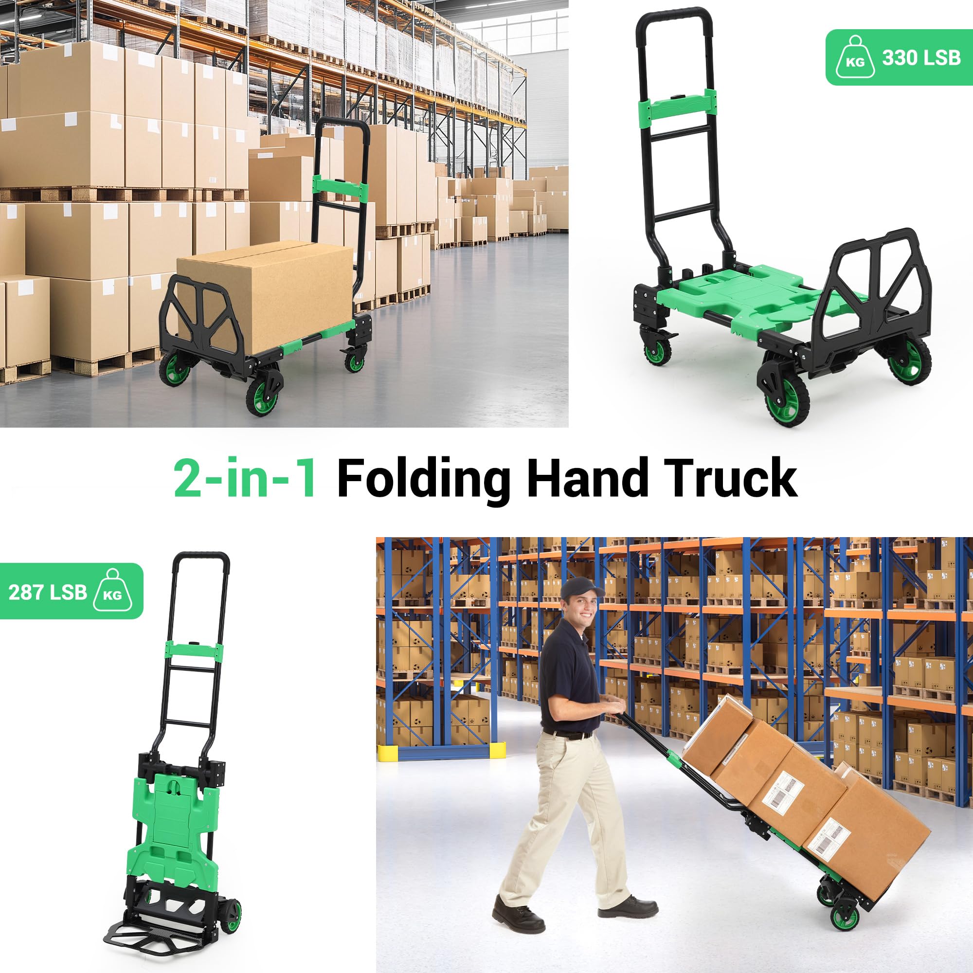 Garvee Carretilla de mano plegable 2 en 1, capacidad de carga de 150 kg con 2 cuerdas elásticas, carrito de plataforma de metal resistente con mango telescópico, carrito de mano portátil para almacén