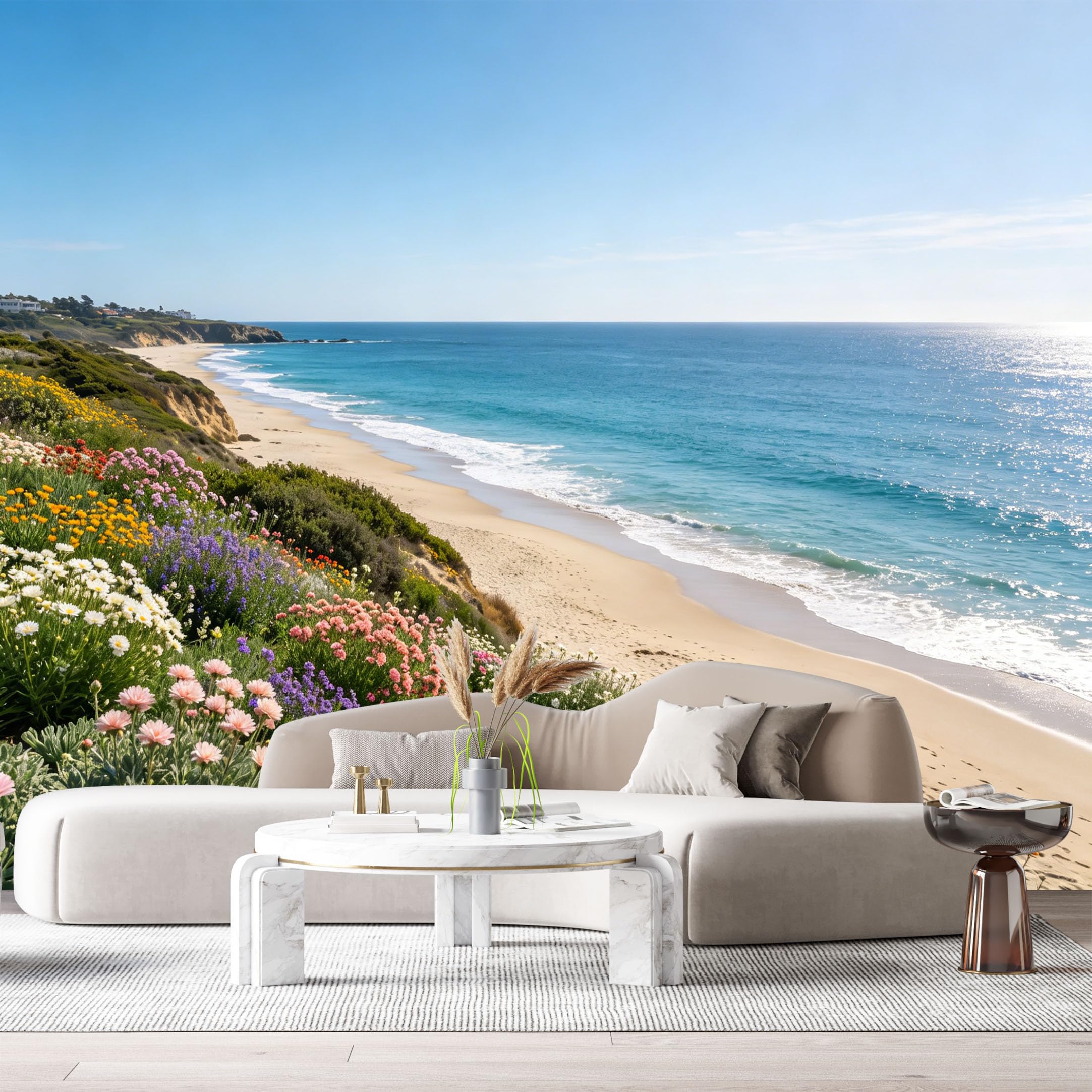 Custom Size Wall Murals Coastal Botanical Landscape Ocean Marine Blue Sea Sandy Shore Colorful Wildflowers SelfAdhesive Wall Fabric Removable Large Wallpaper for Photo Living Room