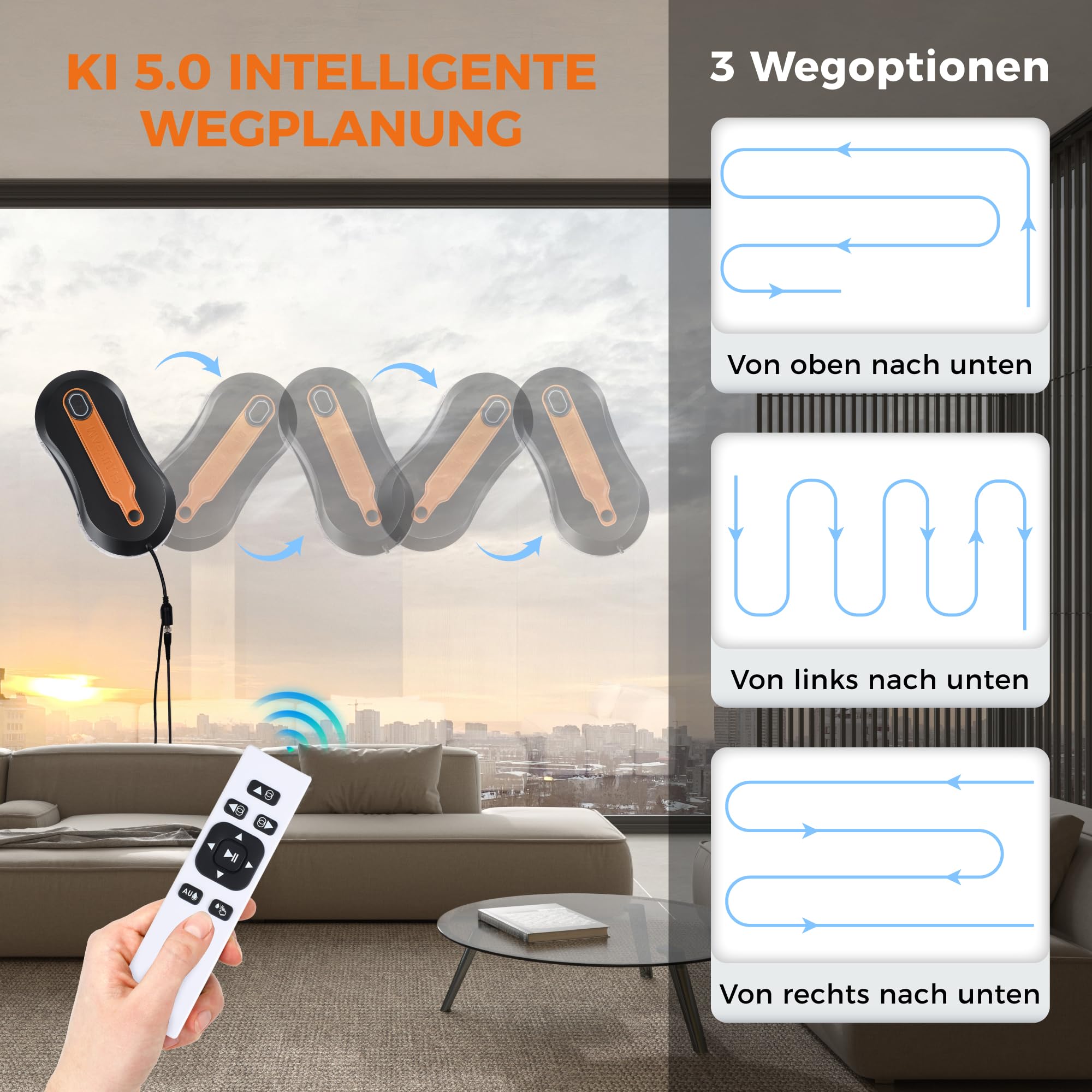 FRUITEAM Automatischer Fensterputzroboter mit zweiseitiger Zerstäubung, App- und Fernbedienung, intelligenter Wegerkennung, dreifaches Absturzsicherheitssystem, geeignet für Fenster, Glas und Türen